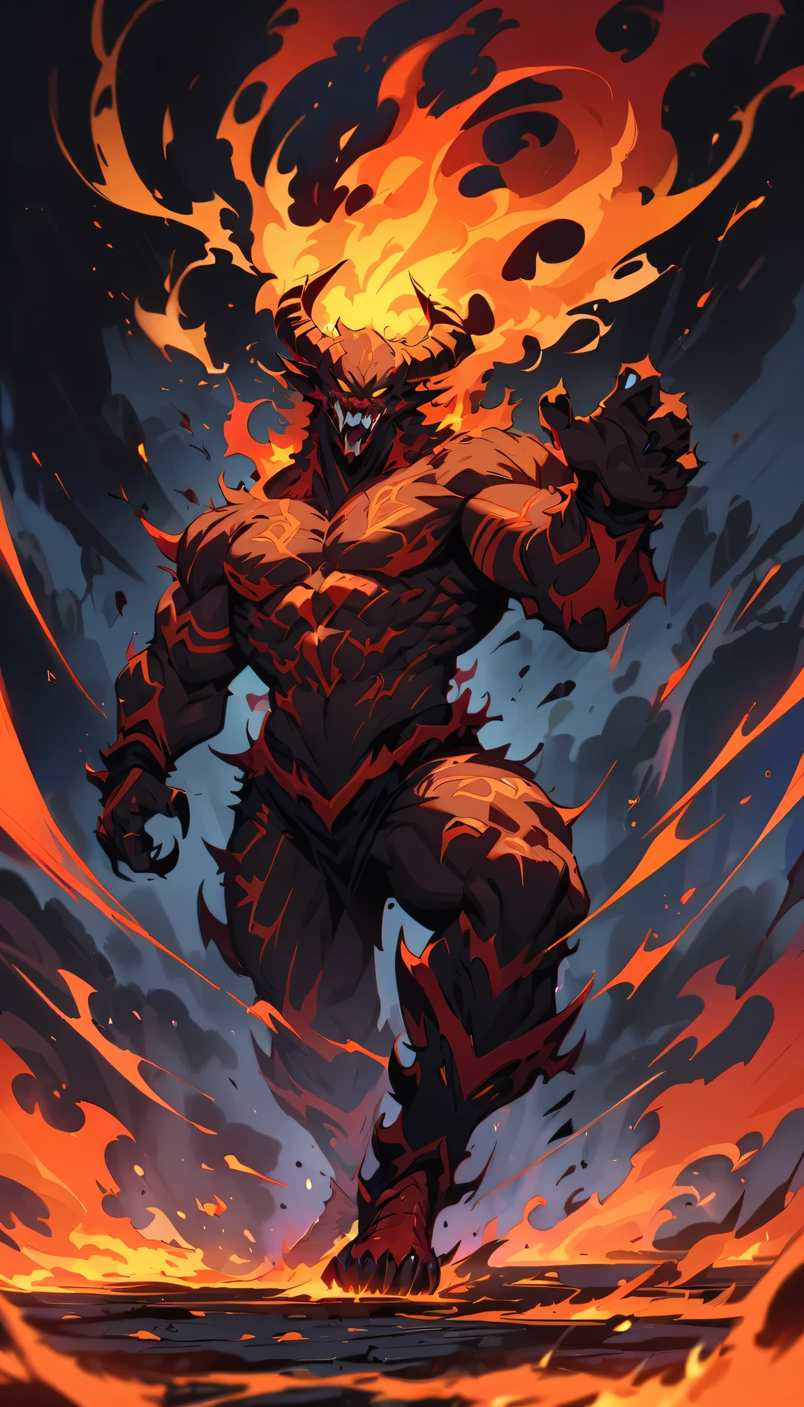 Let's create a fearsome monster with a body made of lava:

Name: Inferno Goliath

Appearance:
- Inferno Goliath is a towering behemoth, standing over fifteen feet tall, with a massive and imposing frame that seems to radiate heat and power.
- His body is composed of molten lava, its fiery surface pulsating and shifting as if alive with inner flames.
- Glowing veins of magma crisscross his body, illuminating his form with an eerie red light that casts shadows dancing across his molten surface.
- He emits waves of intense heat that distort the air around him, creating a shimmering aura of searing energy.
- His eyes burn with a fiery intensity, glowing like smoldering coals within the depths of his volcanic visage.

Abilities:
- Inferno Goliath possesses immense strength and durability, capable of smashing through solid rock and shrugging off even the most powerful attacks with ease.
- He can manipulate the lava that makes up his body, shaping it into tendrils, projectiles, and walls of molten fire to engulf his enemies.
- His mere presence radiates intense heat, causing the ground to crack and buckle beneath his feet and setting nearby objects ablaze.
- Inferno Goliath can generate powerful shockwaves by slamming his fists into the ground, creating eruptions of molten rock and debris that devastate everything in their path.
- He is virtually impervious to conventional weaponry, his molten body absorbing and dissipating the force of incoming attacks with little effect.

Personality:
- Inferno Goliath is a primal force of destruction, driven by instinct and rage rather than intellect or reason.
- He feels no empathy or compassion for living beings, viewing them as little more than prey to be hunted and consumed in his fiery embrace.
- Despite his savage nature, there is a cunning intelligence lurking behind his molten eyes, guiding his actions and directing his fury towards his enemies.
- He is fiercely territorial, defending his domain with a ferocity that borders on m