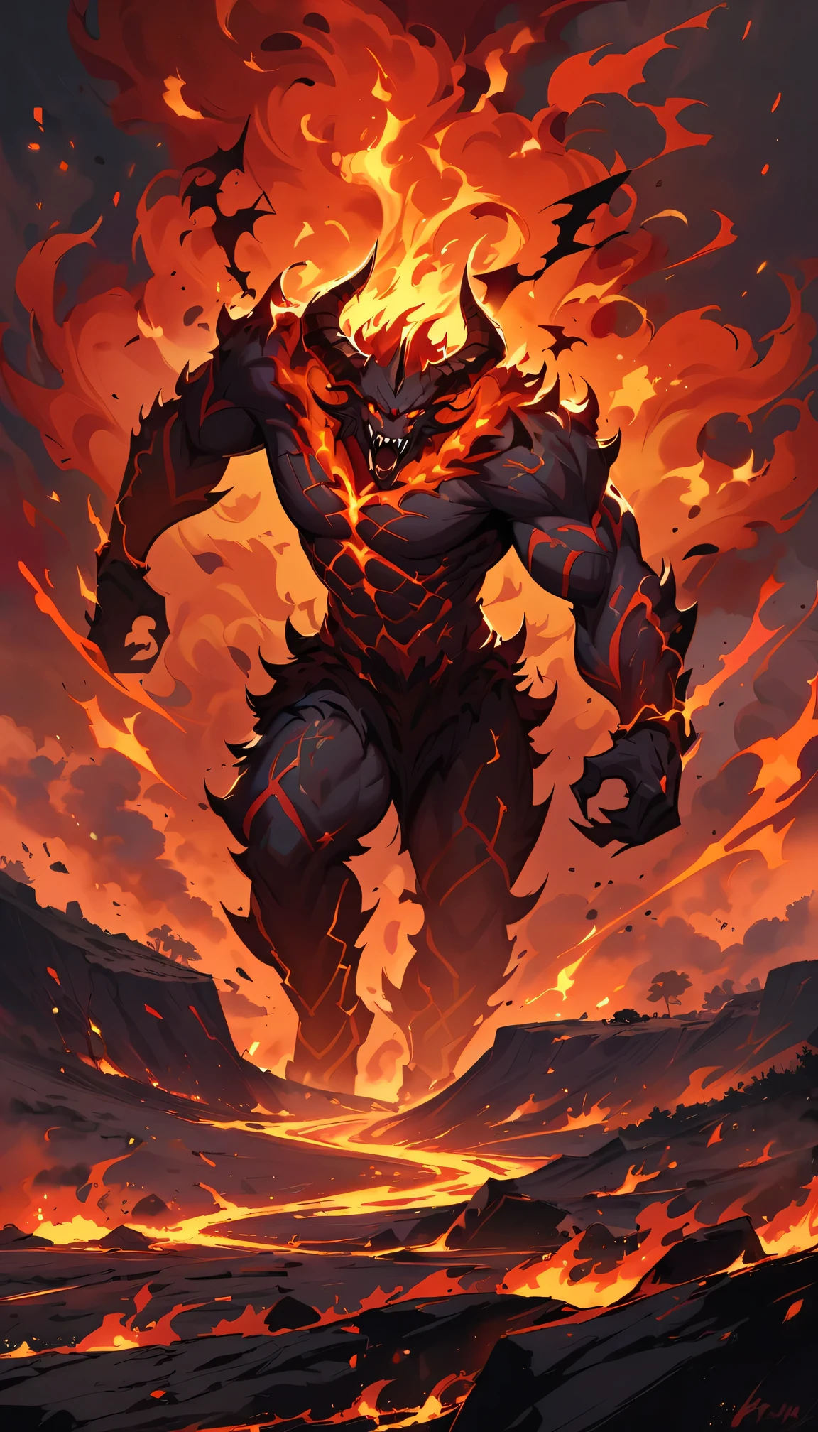 (best quality,4k,8k,highres,masterpiece:1.2),lava demon Cerberus,fiery red skin,glowing yellow eyes,giant muscular body,sharp fangs and claws,steaming lava flowing from its body,smoke billowing from its nostrils,spiky horns,demonic presence,ominous atmosphere,intense heat waves,Standing on blackened rugged volcanic landscape,cracks in the ground,fiery embers floating in the air,dark shadows dancing in the background,fierce and menacing stance,ferocious growls and snarls,burning flames engulfing its surroundings,dark red and orange color palette,harsh and dramatic lighting,emphasizing the ominous nature of the demon.