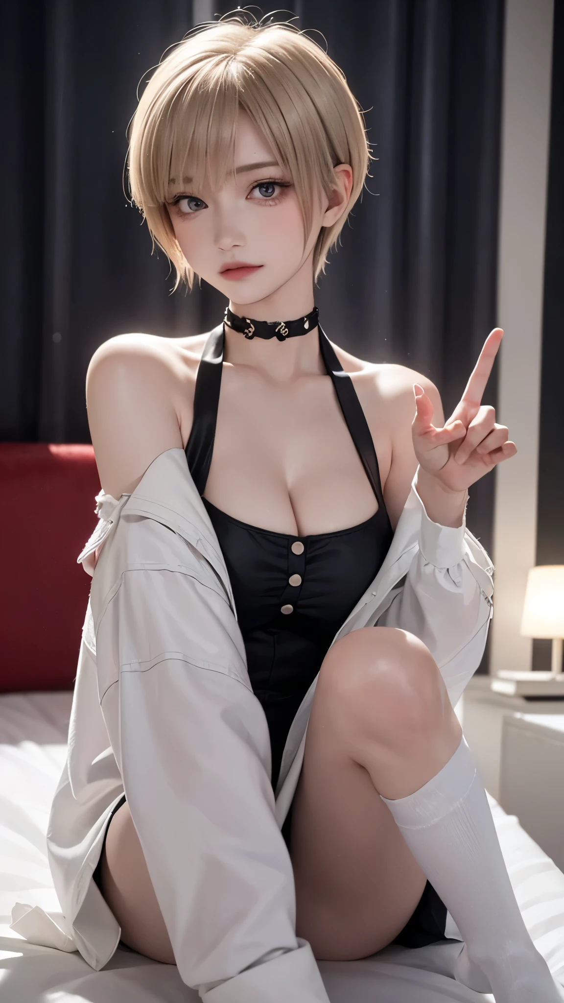 1 girl、solo、alone、masterpiece,highest quality,High resolution,Very detailed, Earrings,Big cleavage、,

 Cute pose、(((Open your mouth wide))), (Ahegao:1.7), 
Blonde pixie short hair、
(((Accurate 5-finger)))、Accurate human body、Perfect human body、((Captivating smile ))、

(Mega boobs:1.5), (((Safe and secure、CERO A、All ages、safety sensor、Absolutely safe、sfw:1.5, safety)))、

(JAV DVD Package Cover:1.5、JAV Cover:1.5, Large title text:1.5),

(((All of these pajamas are made of fluffy fleece material.:1.8, Thick white horizontal stripes))), 

(Love hotel bedroom:1.5), Dark Room、indoor、Detailed Background、