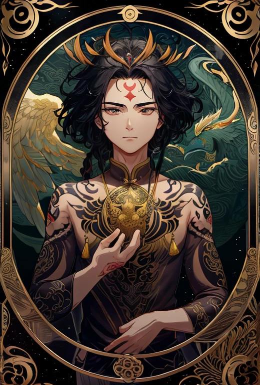 ((Brilliantly shining))、golden body、Golden Spreading Wings、crows、lead、Messenger of God, "In a realm of epic legends, behold the awe-inspiring tale of Alexander the Great, the fearless conqueror, unfolding before your eyes. Epic, legendary, and shrouded in mystery, immerse yourself in the dark atmosphere.", asian style dragon tattoo, sketch type, line art vector, (high quality, tattoo:1.2), asian style tattoo of a Embodying Strength and Wisdom: A Majestic Chinese Dragon, detailed scales, vibrant colors, intricate linework, powerful presence, mystical aura, dynamic movement, traditional elements, fierce expression, flowing mane, contrasting shading, wisps of smoke, mythical creature, symbol of power and prosperity