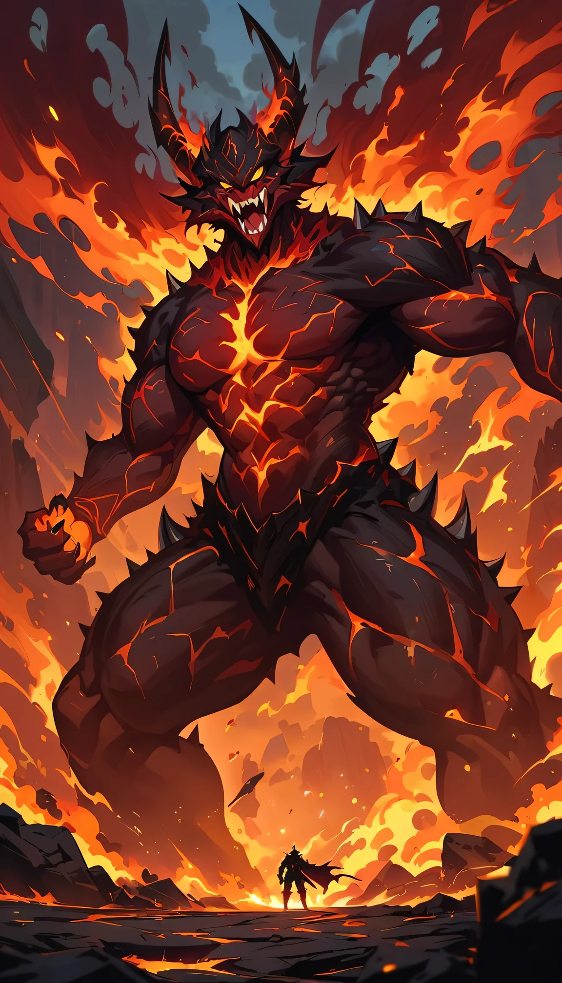 (best quality,4k,8k,highres,masterpiece:1.2),lava demon Cerberus,fiery red skin,glowing yellow eyes,giant muscular body,sharp fangs and claws,steaming lava flowing from its body,smoke billowing from its nostrils,spiky horns,demonic presence,ominous atmosphere,intense heat waves,Standing on blackened rugged volcanic landscape,cracks in the ground,fiery embers floating in the air,dark shadows dancing in the background,fierce and menacing stance,ferocious growls and snarls,burning flames engulfing its surroundings,dark red and orange color palette,harsh and dramatic lighting,emphasizing the ominous nature of the demon.