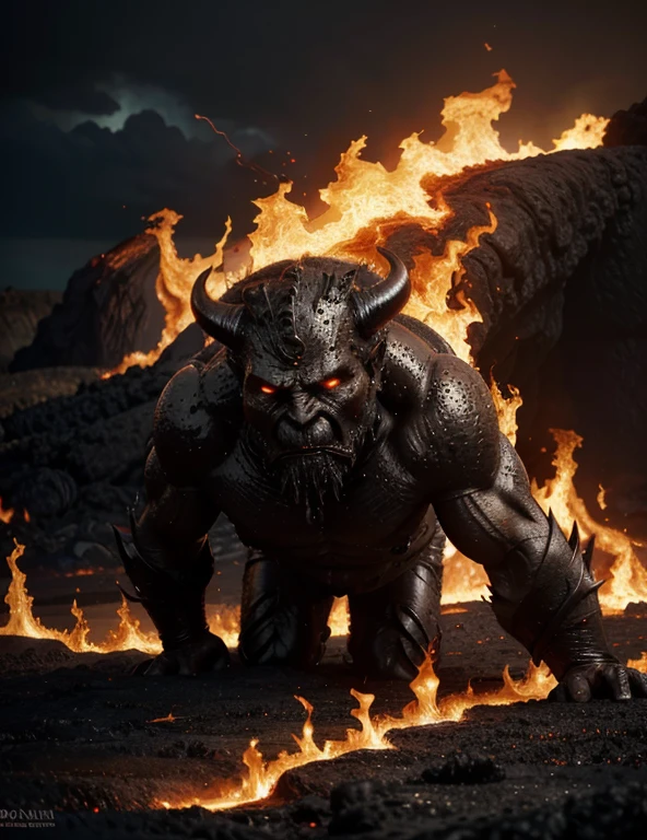 (best quality,4k,8k,highres,masterpiece:1.2),ultra-detailed,(realistic,photorealistic,photo-realistic:1.37),amazingly detailed lava demon,impressive fiery eyes and mouth,dark and menacing appearance,fiery red and orange hues,subtle flickering light,volcanic rock-textured skin,smoke and ash swirling around,demonic horns and claws,lava flowing in the background,ominous presence,ethereal atmosphere,nightmarish and surreal,unleashing destructive powers,creepy and powerful presence,otherworldly and fearsome,fiery aura and organic flames,foreboding and intense,the earth trembling under its feet,incandescent glow of heated lava,cracks and crevices emitting smoke,sinister and malevolent,lit from within by an inner fire,majestic and imposing figure,ominous and otherworldly,creating chaos and destruction,emitting a heat that can melt anything,strong and muscular physique,blackened and charred surroundings,evil and formidable,indomitable and unstoppable force.