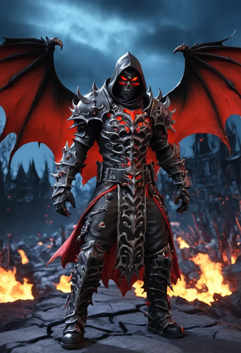 Lava Demon,Hell style, Lava Lich King, flying bats,Lava Demon Mark,Black lava necromancer armor with red elements ,Black hood and cape, Robe-Infused Armor, Glowing eyes,smokes, Natural Inspiration, Bones as accessories, Abandoned City Night, Linquivera background filled with chaotic patterns, Disturbing, Frustration, masterpiece, HD,
