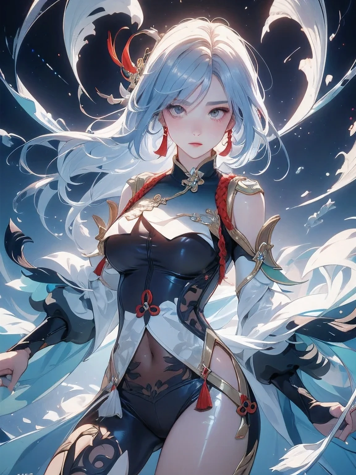 ((Image above the knee:1.4))(masterpiece, Highest quality, Highest, Official Art, beautifully、beautiful, Long exposure、Realistic: 1.4), Smooth movement, Fascinating patterns, (((shenhe(genshin impact):1.5))))1 girl, No shoulders, Chinese Girl, （Long white hair、Chinese knot）, Portraiture, alone, Thin legs、（Chests wrapped in tights、 A white cloth is hung.）Malaise, (Ultra Wide Angle, gaze observer, Detailed Background, Detailed face, Wind Spirit, Spinning wind, Controlling the wind,Suspended particles, Spiritual Power, whirlwind, vapor, whirlwind in background, White Tone, whirlwind, Mysterious atmosphere), black crystal costume, Dynamic pose,
