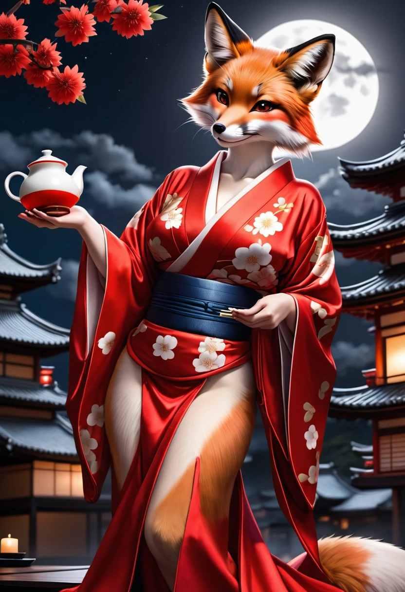 Anthropomorphic sexy fiery red fox dressed as a sexy Japanese geisha, visible cleavage, wearing an open decorated kimono, making traditional tea, tea ceremony in the moonlight, view from below looking up, photorealistic, high quality photography,