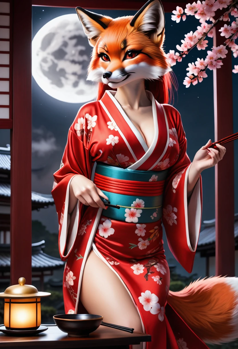 Anthropomorphic sexy fiery red fox dressed as a sexy Japanese geisha, visible cleavage, wearing an open decorated kimono, making traditional tea, tea ceremony in the moonlight, view from below looking up, photorealistic, high quality photography,