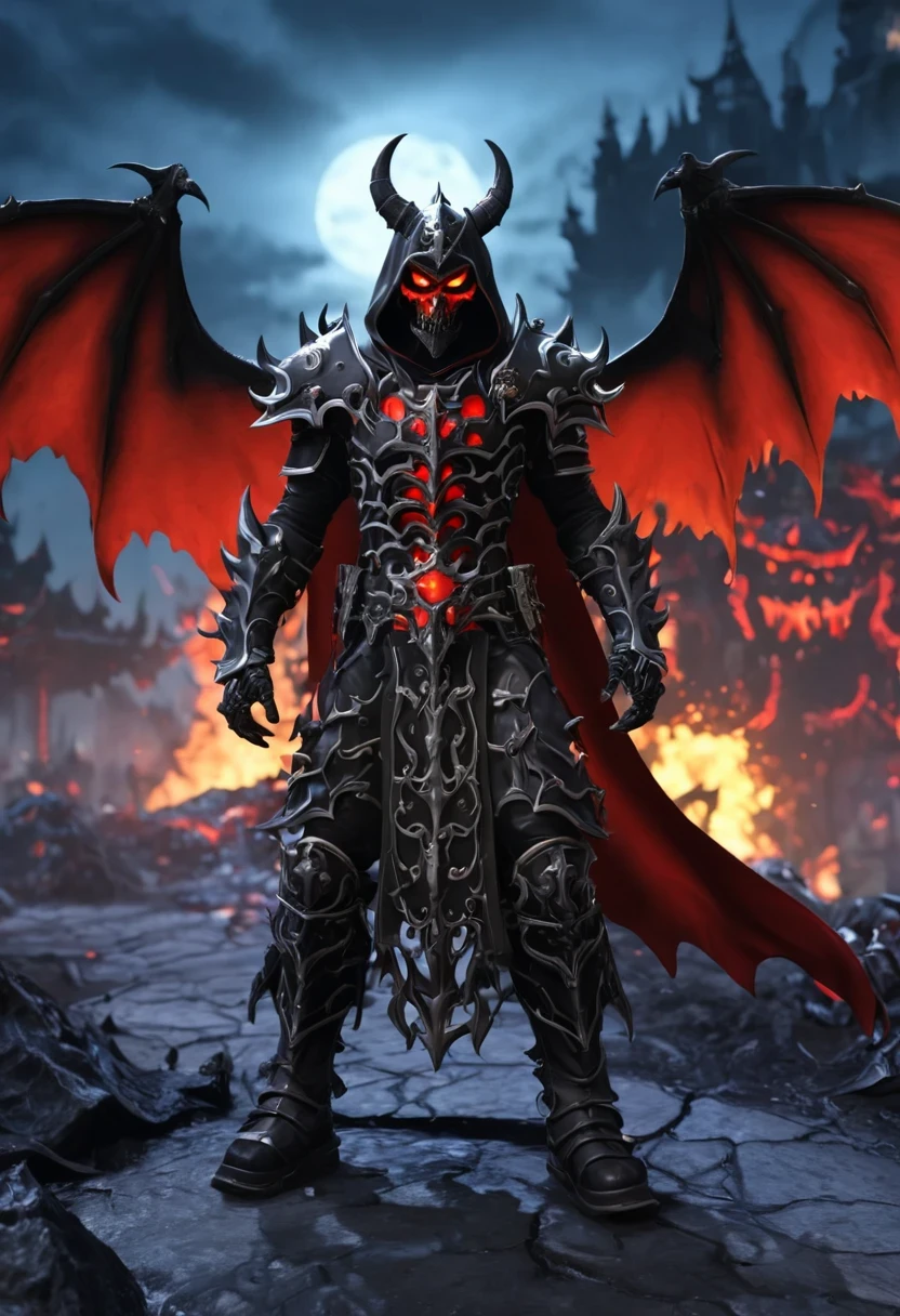 Lava Demon,Hell style, Lava Lich King, flying bats,Lava Demon Mark,Black lava necromancer armor with red elements ,Black hood and cape, Robe-Infused Armor, Glowing eyes,smokes, Natural Inspiration, Bones as accessories, Abandoned City Night, Linquivera background filled with chaotic patterns, Disturbing, Frustration, masterpiece, HD,