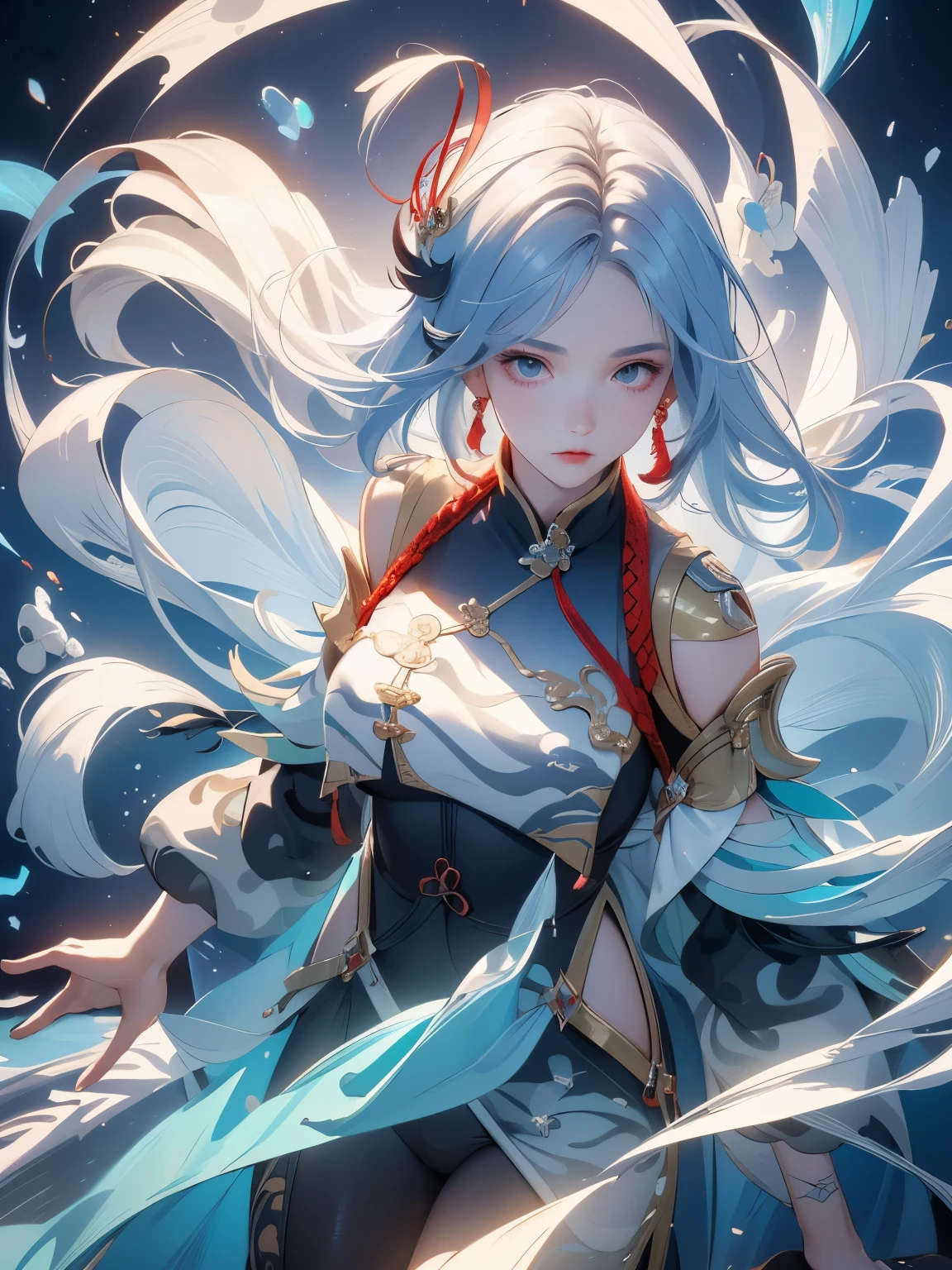 ((Image above the knee:1.4))(masterpiece, Highest品質, Highest, Official Art, beautifully、beautiful, Long exposure、Realistic: 1.4), Smooth movement, Fascinating patterns, (((shenhe(genshin impact):1.5))))1 girl, No shoulders, Chinese Girl, （Long white hair、Chinese knot）, Portraiture, alone, Thin legs、（Chests wrapped in tights、 A white cloth is hung.）Malaise, (Ultra Wide Angle, gaze observer, Detailed Background, Detailed face, Wind Spirit, Spinning wind, Controlling the wind,Suspended particles, Spiritual Power, whirlwind, vapor, whirlwind in background, White Tone, whirlwind, Mysterious atmosphere), black crystal costume, Dynamic pose,
