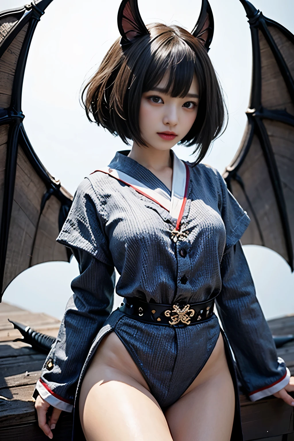 masterpiece、highest quality、8k、Extremely realistic 3D rendering、cool、Sharp Eye、Slit eyes、tooth、Double teeth、Japanese women、Sailor suit、student、Dark Skin、Gray Hair、short hair、gloss々Texture、Large bat wings、Extremely intricate details、Professional Lighting