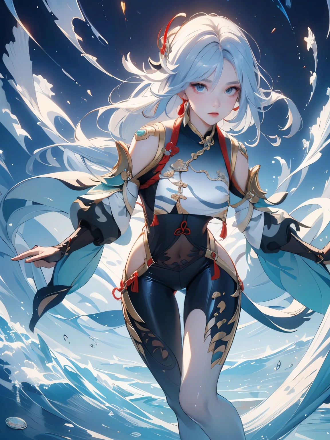 ((Image above the knee:1.4))(masterpiece, Highest品質, Highest, Official Art, beautifully、beautiful, Long exposure、Realistic: 1.4), Smooth movement, Fascinating patterns, (((shenhe(genshin impact):1.5))))1 girl, No shoulders, Chinese Girl, （Long white hair、Chinese knot）, Portraiture, alone, Thin legs、（Chests wrapped in tights、 A white cloth is hung.）Malaise, (Ultra Wide Angle, gaze observer, Detailed Background, Detailed face, Wind Spirit, Spinning wind, Controlling the wind,Suspended particles, Spiritual Power, whirlwind, vapor, whirlwind in background, White Tone, whirlwind, Mysterious atmosphere), black crystal costume, Dynamic pose,
