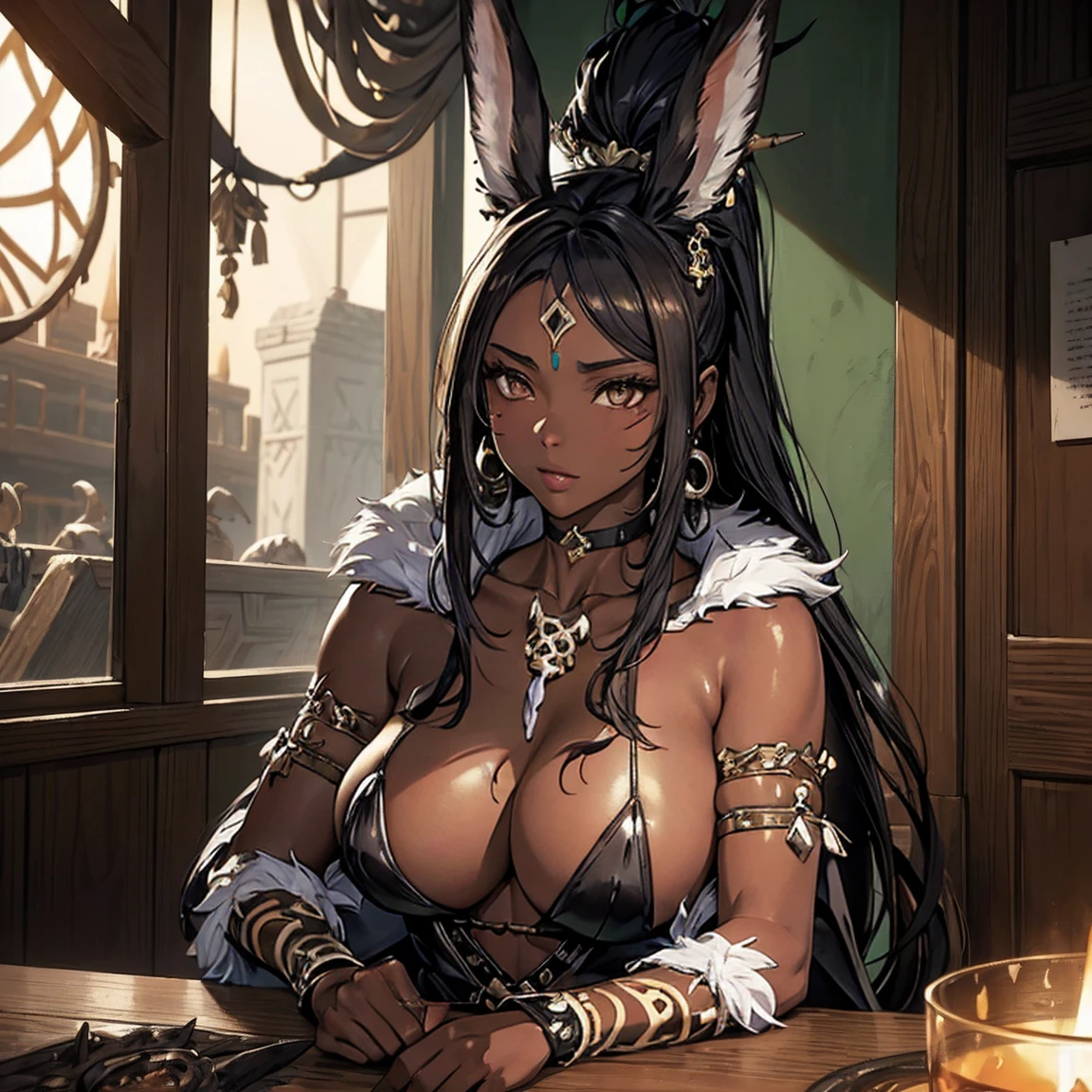 (masterpiece), best quality, highly detailed faces, (SHARP details), 4k, highly detailed, expressive eyes, SHARP detail expressive eyes, (SHARP detail perfect face), ((dark skin)), (bunny ears), (viera), ((black hair)), (choker) amber eyes, ponytail, wild tomboy hair, smiling, (wearing witch doctor outfit), 20 years old, cleavage, ((solo)), nice hips, curvy, tall woman, large breasts, ((bone accessories)), witch doctor hut, cauldron, (wearing witch doctor clothes), ((white tribal marks on body)), bone accessory, loincloth, piercings, (white marks on skin), (tribal marks), earrings on bunny ears, witch doctor, fur clothes, (fur skirt), (bone armor), ((witch doctor)), sitting, indoors,