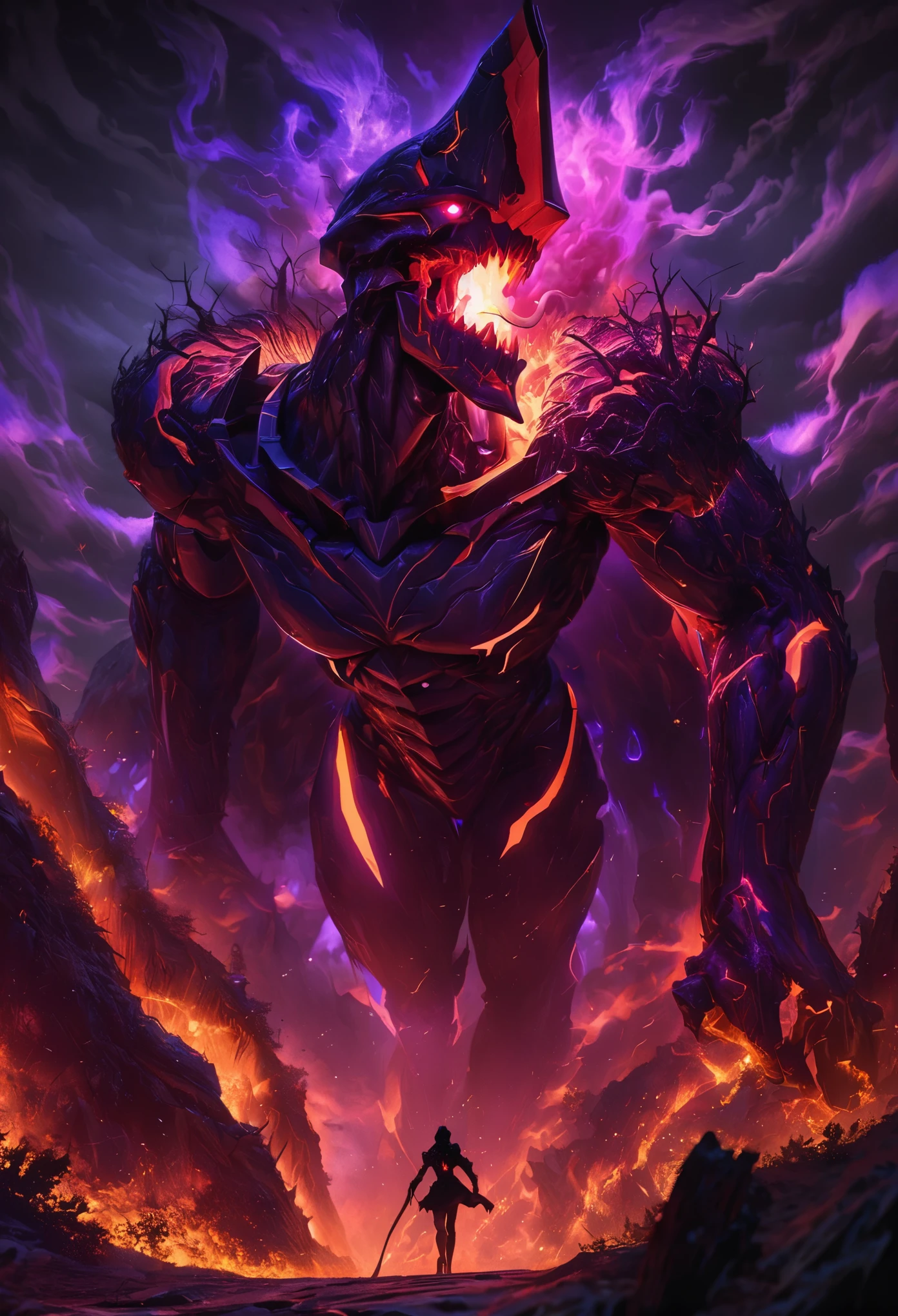 (best quality, 4k, ultra detailed, high resolution, masterpiece: 1.2), giant robotic humanoid (Eva 01) walking with heavy steps forward with its mouth open between dead and burned trees in a valley, with its mouth open revealing teeth and tongue, violet armor with glowing red fragments, 1 human arm, left arm glowing a divine golden color, mad mode and a thin, organic body covered in metallic armor, walking with arms and head moving forward, determined safe passage, smoke and dark atmosphere, red eyes, glowing eyes, red mouth and teeth, bestial roar, broken armor revealing a living organism, thick blood, sinister clouds, dark illustration style, high contrast, dark shadows, atmospheric perspective , sinister colors, cinematic composition, volumetric lighting, numbers, brushstrokes, dramatic lighting, low angle, surrealism, super detailed, hyperrealism, celestial alo, smoke, tall, long and thin, golden wing above the head.