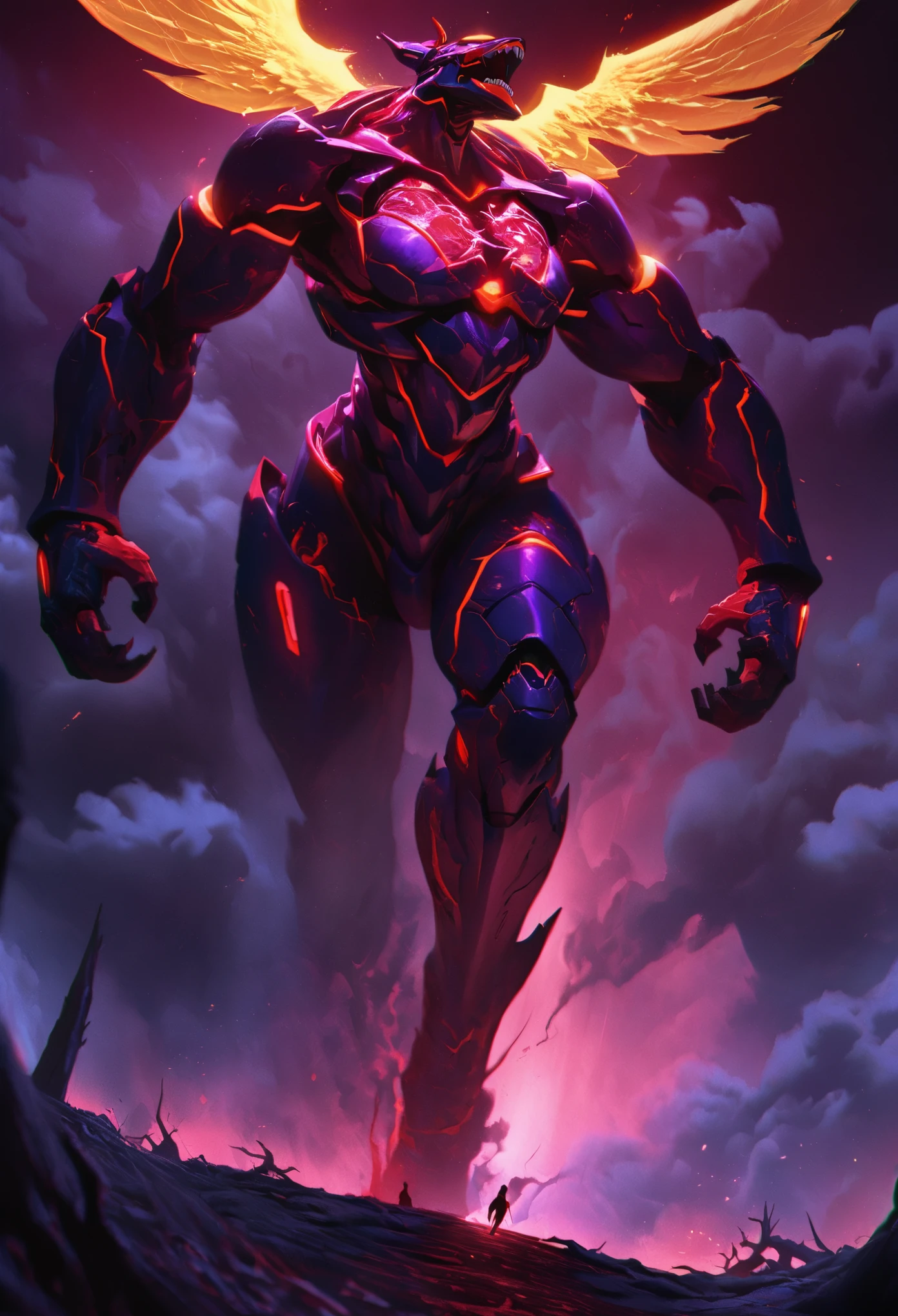 (best quality, 4k, ultra detailed, high resolution, masterpiece: 1.2), giant robotic humanoid (Eva 01) walking with heavy steps forward with its mouth open between dead and burned trees in a valley, with its mouth open revealing teeth and tongue, violet armor with glowing red fragments, 1 human arm, left arm glowing a divine golden color, mad mode and a thin, organic body covered in metallic armor, walking with arms and head moving forward, determined safe passage, smoke and dark atmosphere, red eyes, glowing eyes, red mouth and teeth, bestial roar, broken armor revealing a living organism, thick blood, sinister clouds, dark illustration style, high contrast, dark shadows, atmospheric perspective , sinister colors, cinematic composition, volumetric lighting, numbers, brushstrokes, dramatic lighting, low angle, surrealism, super detailed, hyperrealism, celestial alo, smoke, tall, long and thin, golden wing above the head.