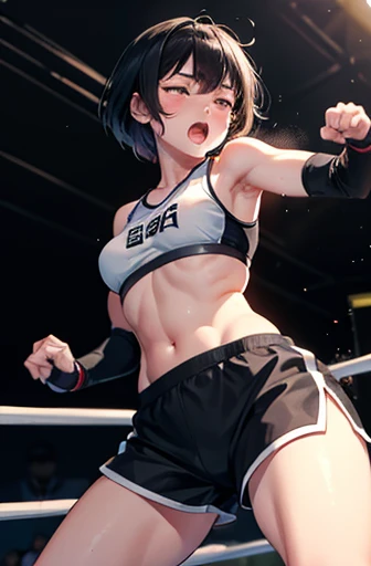 Cute Japanese high school girl with short-cut black hair being punched by an opponent in front of her during a match in a women's mixed martial arts ring, wide mouth open, gasping for breath, sore, twisting, eyes tightly closed, screaming, very sweaty, out of stamina, slender body, poor breasts, small breasted sports bra, high leg shorts, open finger gloves