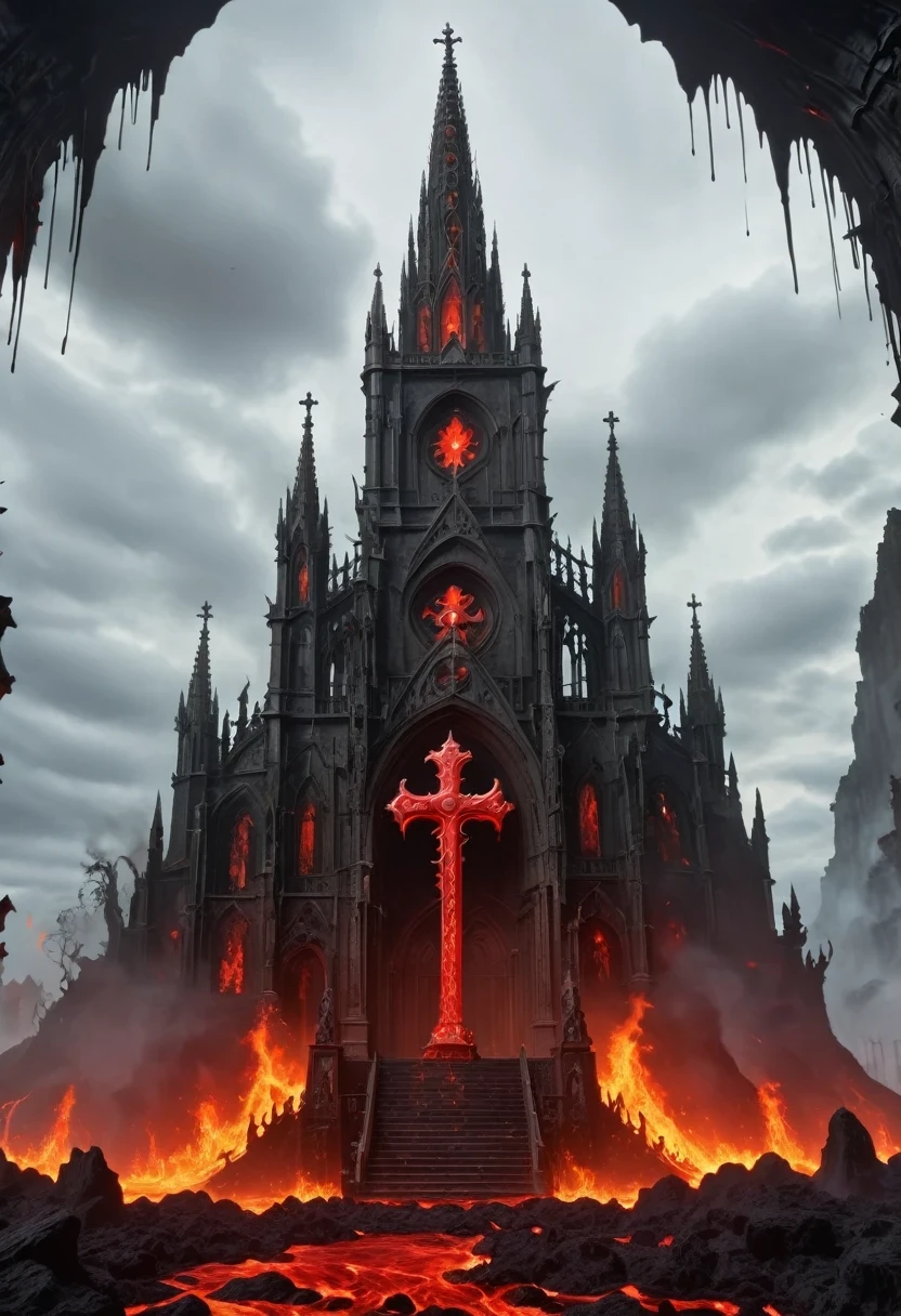 (Messenger from magmahell:1.4),cross,A huge Lava Demon,Looking from the bottom up,hell,magma,flame,(Purple flame:1.3),There is fresh Blood on the ground,Blood pool,dripping Blood,Gothic aesthetics,one、Rose、castle、cross、Blood、Churchyard,The mystery of gothic style、Solemn and profound,Gothic style,Gothic style、Rose symbolizes romance、grave、Lava Demon、ruins、Gothic Cathedral,Gothic symbols series