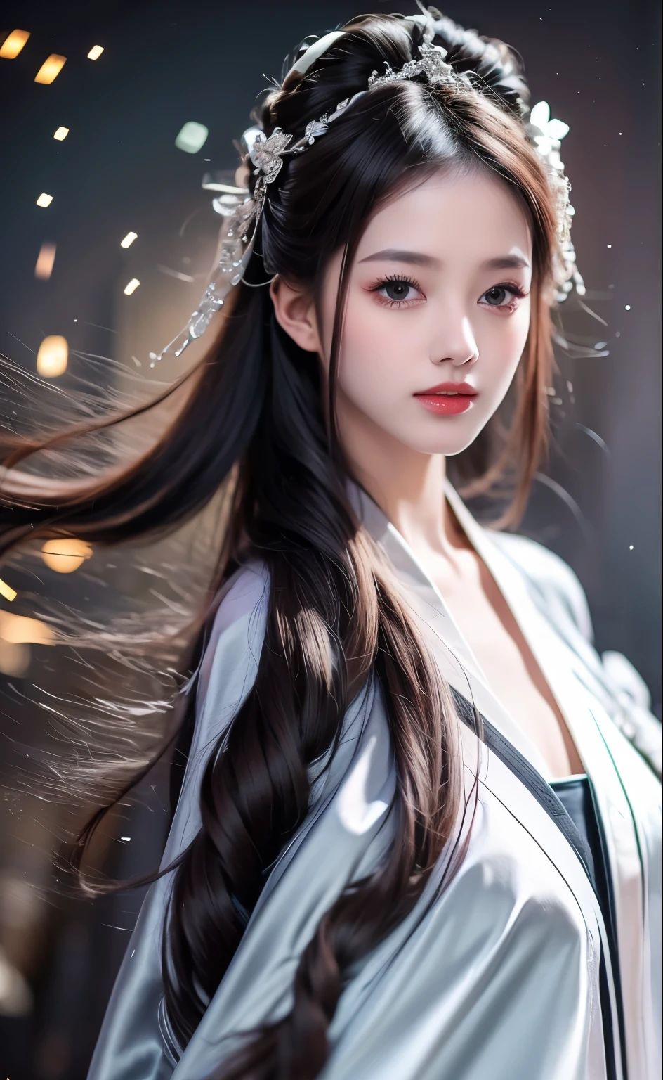 ((best quality, 8K, masterpiece: 1.3)), Key Points: 1.2, perfect body beautiful: 1.4, Hips: 1.2, ((Layered Hairstyle)), (Wet clothes: 1.1), (rain, street:1.3), (breast: 1.2), (hanfu: 1.2), Bare shoulders, Bare legs, Highly detailed face and skin textures, Fine Eyes, Double eyelids, Whitening of the skin, Long hair, (shut up: 1.5), (Bokeh background: 1.5), Big breast