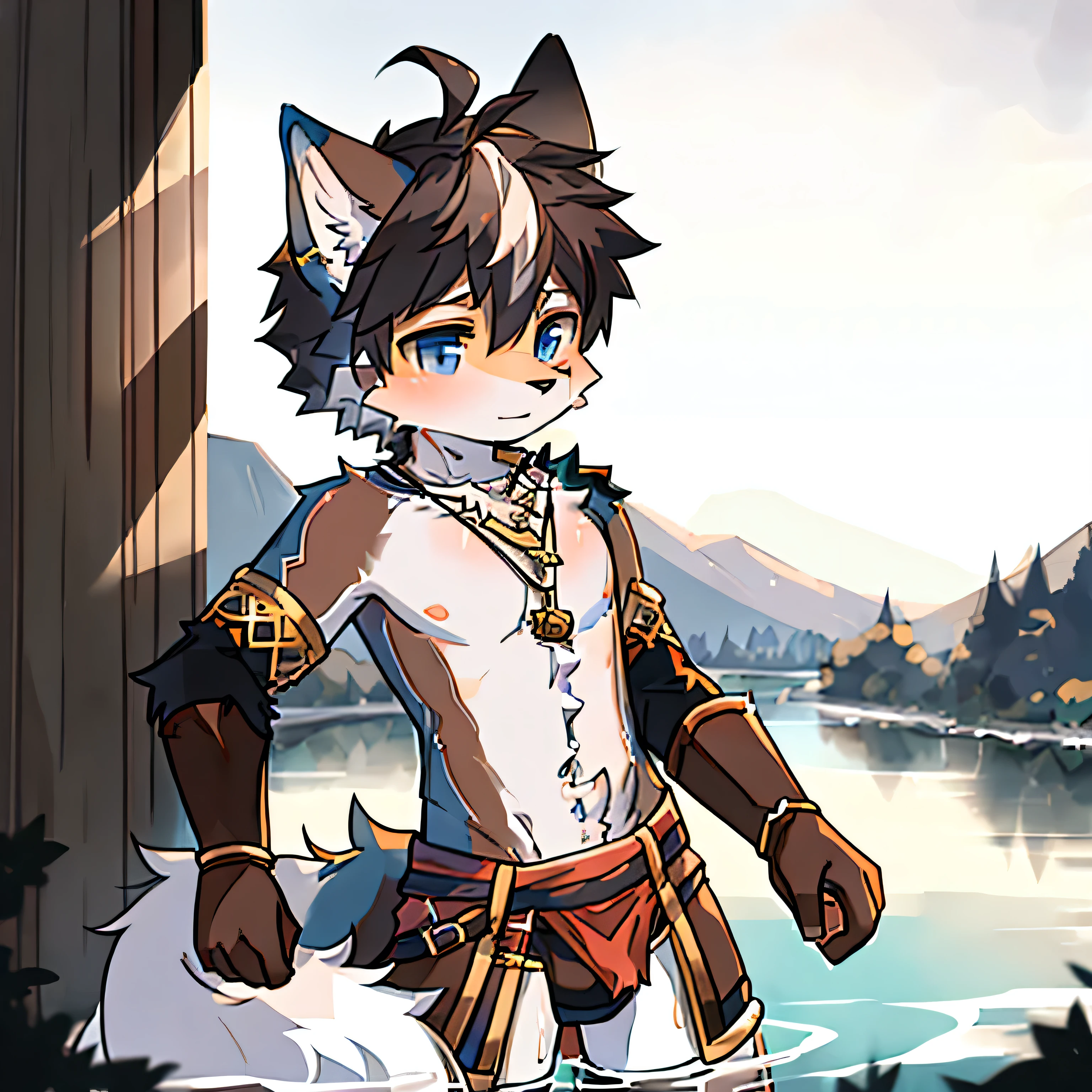 ((furry)) (fluffy) ((femboy)) (Shota)((furry)) highest quality, young, fantasy, 12 year old naked girl, Wolf, short hair, Ahoge, gloves, first round, meanwhile, Gladiator, two - handed sword, loincloth, Harness, arm warmers, legwarmers, alone, 4K, excellent quality, high details, fine fur, obscene line , bathing
