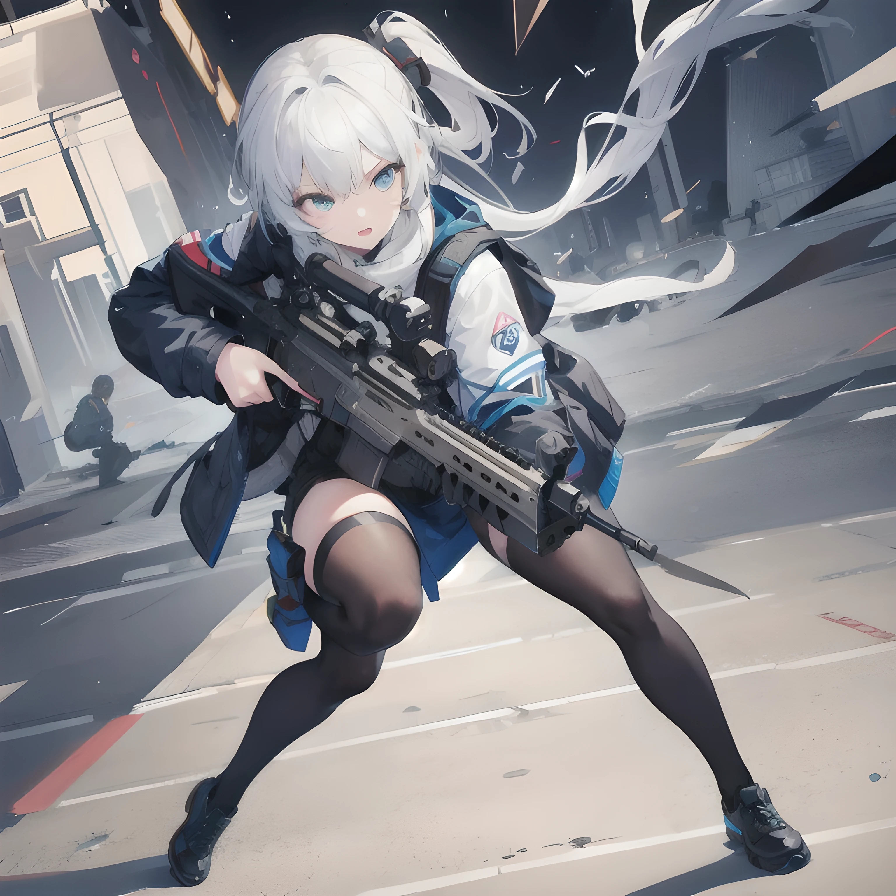 One girl,Shooting with an assault rifle,A sophisticated assault rifle,High-performance assault rifle, Dynamic Perspective, Full Body Shot, 