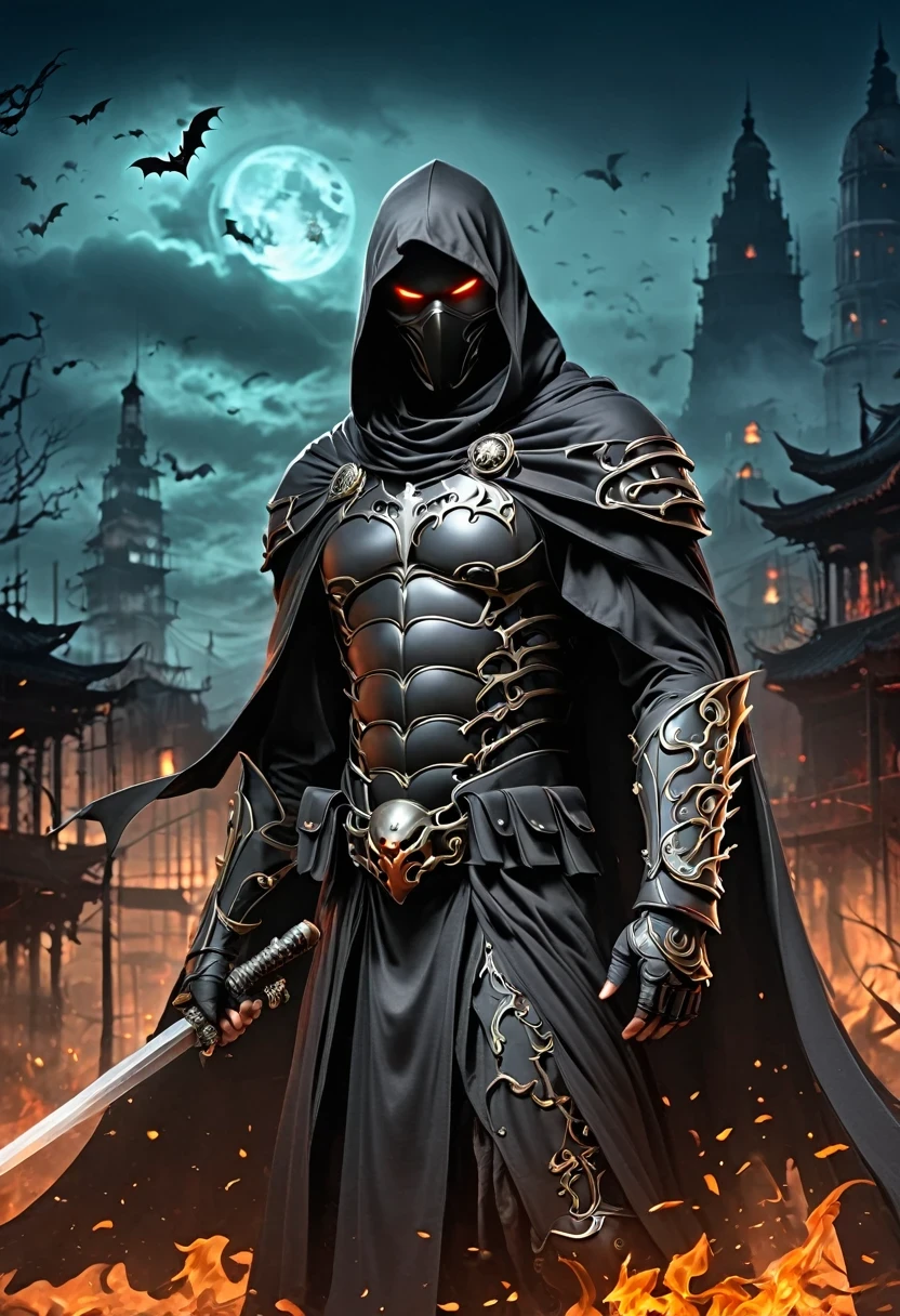 Lava,Hell style, Lava Lich King, flying bats,Lava Demon Mark,Black Lava Necromancer armor with red elements ,Black hood and cape, Robe-Infused Armor, Glowing eyes,smokes, Natural Inspiration, Bones as accessories, Abandoned City Night, Linquivera background filled with chaotic patterns, Disturbing, Frustration, masterpiece, HD,