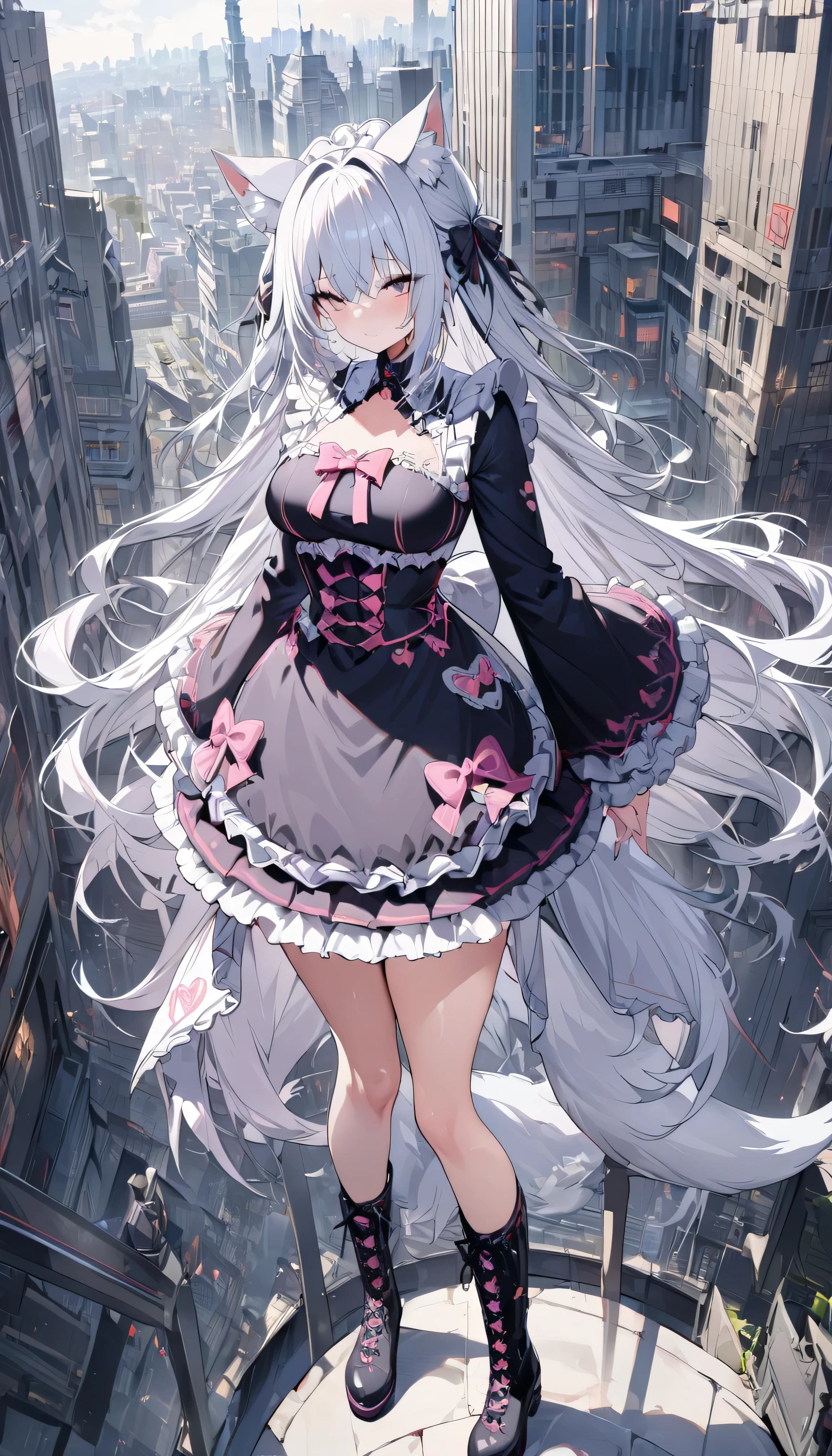 (((highest quality,Very detailed,masterpiece,Very detailed))),Kimono pink (Gothic ****ta:1.2),alone,city,Day々Cutout,Full Shot,((Wide Shot)),Lace-up boots,Super long hair,Gray Hair,animal ear,