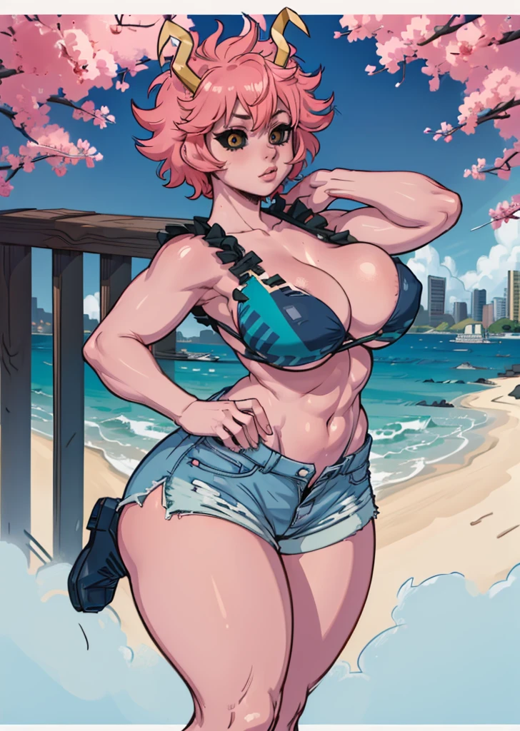 (melhor qualidade:1.3), (Qualidade 4K), 1 mulher madura, Mina Ashido de boku no hero, ((rosto detalhado)), (corar), cidade, (Shorts), big ass, sexy bikini