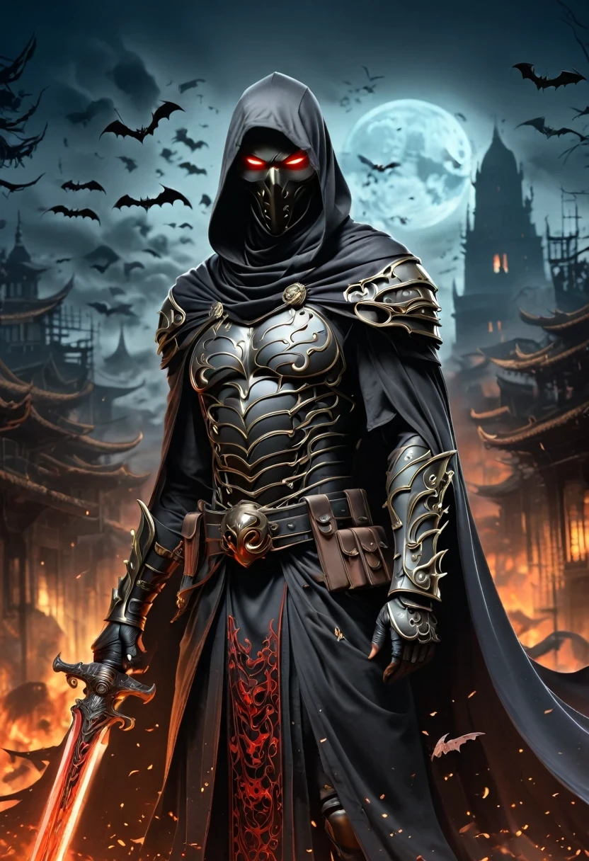 Lava,Hell style, Lava Lich King, flying bats,Lava Demon Mark,Black Lava Necromancer armor with red elements ,Black hood and cape, Robe-Infused Armor, Glowing eyes,smokes, Natural Inspiration, Bones as accessories, Abandoned City Night, Linquivera background filled with chaotic patterns, Disturbing, Frustration, masterpiece, HD,