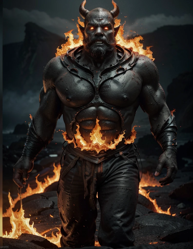(best quality,4k,8k,highres,masterpiece:1.2),ultra-detailed,(realistic,photorealistic,photo-realistic:1.37),amazingly detailed lava demon,impressive fiery eyes and mouth,dark and menacing appearance,fiery red and orange hues,subtle flickering light,volcanic rock-textured skin,smoke and ash swirling around,demonic horns and claws,lava flowing in the background,ominous presence,ethereal atmosphere,nightmarish and surreal,unleashing destructive powers,creepy and powerful presence,otherworldly and fearsome,fiery aura and organic flames,foreboding and intense,the earth trembling under its feet,incandescent glow of heated lava,cracks and crevices emitting smoke,sinister and malevolent,lit from within by an inner fire,majestic and imposing figure,ominous and otherworldly,creating chaos and destruction,emitting a heat that can melt anything,strong and muscular physique,blackened and charred surroundings,evil and formidable,indomitable and unstoppable force.