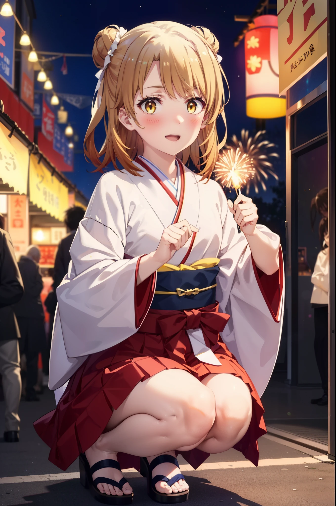 irohaisshiki, Iroha Isshiki, long hair, Brown Hair, (Brown eyes:1.5), Hair Bun, single Hair Bun,smile,Yellow kimono,Thick sleeves,Yellow hakama,White tabi,Sandals,日本のFestivalり,夏Festivalりの屋台,Red lantern,Fireworks in the night sky、Fireworks,The place is a fireworks display,Time is night,sunny day,whole bodyがイラストに入るように,歩いている
break outdoors, Festival,
break looking at viewer,whole body,
break (masterpiece:1.2), highest quality, High resolution, unity 8k wallpaper, (figure:0.8), (Beautiful fine details:1.6), Highly detailed face, Perfect lighting, Highly detailed CG, (Perfect hands, Perfect Anatomy),