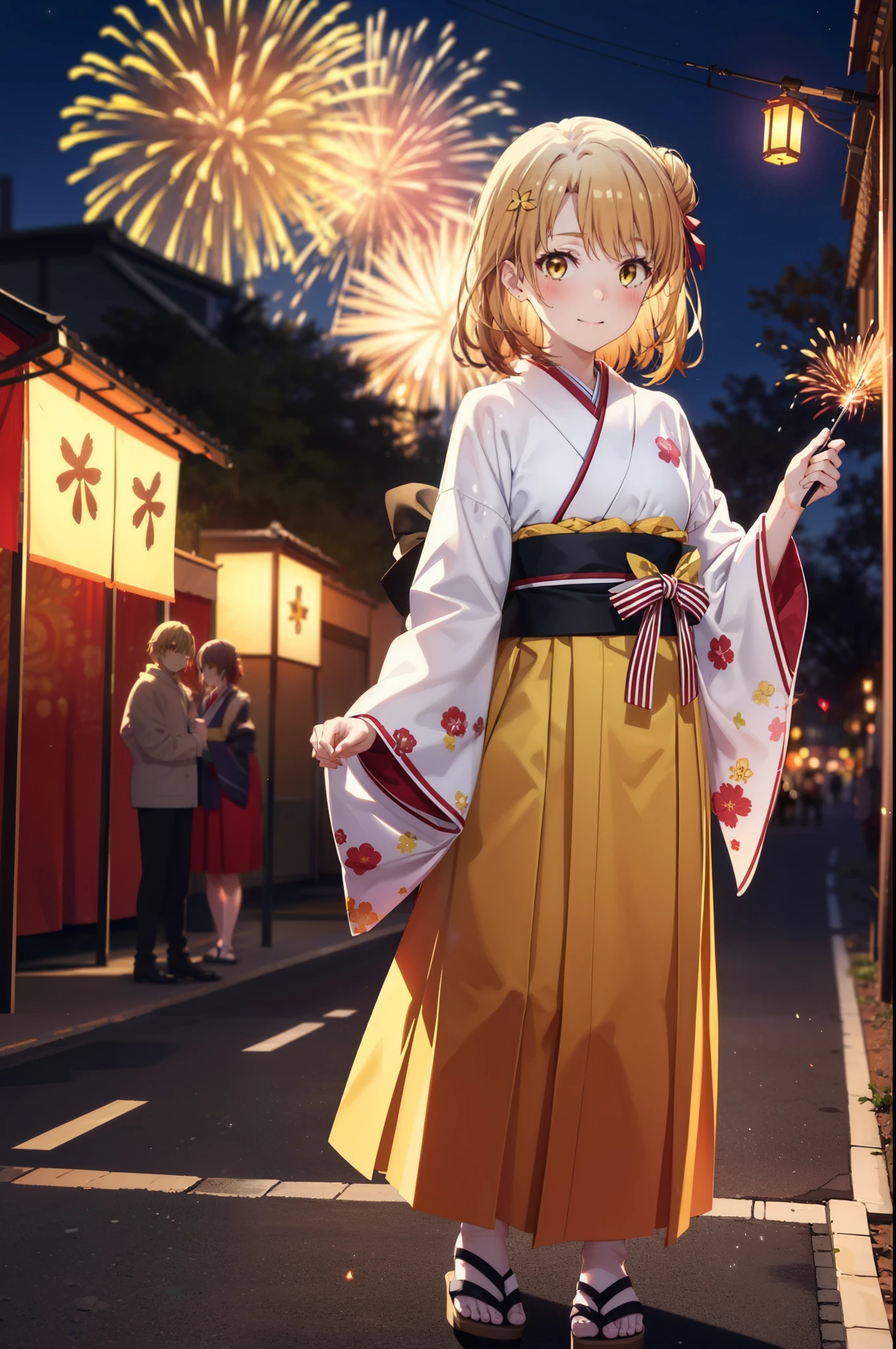 irohaisshiki, Iroha Isshiki, long hair, Brown Hair, (Brown eyes:1.5), Hair Bun, single Hair Bun,smile,Yellow kimono,Thick sleeves,Yellow hakama,White tabi,Sandals,日本のFestivalり,夏Festivalりの屋台,Red lantern,Fireworks in the night sky、Fireworks,The place is a fireworks display,Time is night,sunny day,whole bodyがイラストに入るように,歩いている
break outdoors, Festival,
break looking at viewer,whole body,
break (masterpiece:1.2), highest quality, High resolution, unity 8k wallpaper, (figure:0.8), (Beautiful fine details:1.6), Highly detailed face, Perfect lighting, Highly detailed CG, (Perfect hands, Perfect Anatomy),