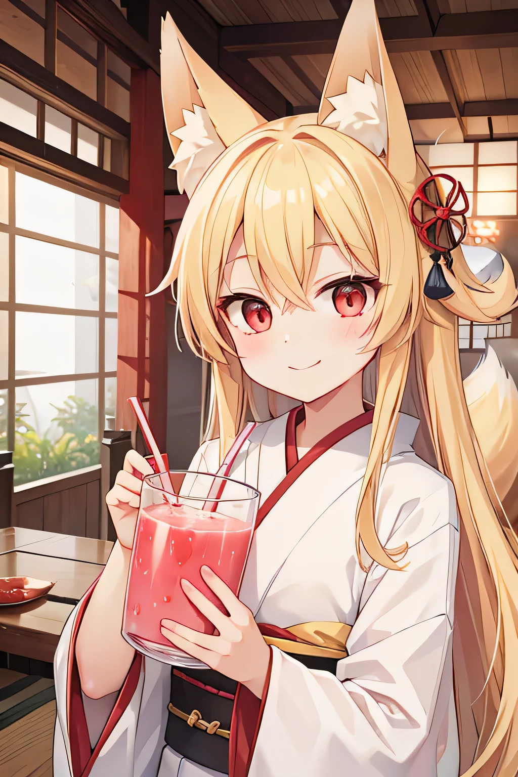 highest quality、smile、Drinking juice through a straw、Fox ears、Long blonde、Red Eye、Japanese-style room