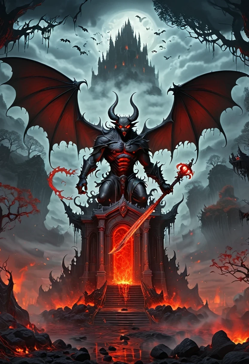 Lava Hell,Dark Lava Overlord,Nether lava mobs,Lava Demon,masterpiece:1.2,Super detailed,Gothic art,Gloomy atmosphere,Ominous red and black color scheme,Majestic throne,flying bats,Lava Demon Mark,Beautiful forest,crimson fire,Ominous eyes pierce the darkness,Stealth figures,ethereal mist,Ominous spell,Skeleton Legion,Hot sulfur,ruthless minions,Summoning Portal,Fascinating Spellbook,Supernatural creatures emerging from the shadows,Ominous moonshine,The cracked earth reveals a fiery abyss,Hellish building,enchanted weapons,Scarred face,Blood red breath,The witch's cauldron.