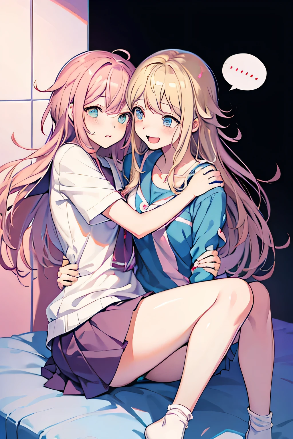 Anime Girls hugging her friend with a speech bubble above her, cute Anime Girls, pretty girl, pretty girlのアニメビジュアル, Anime Girls, an Anime Girls, Holding my knees, Soft anime illustration, (Anime Girls), chiaki nanami from danganronpa, Cute Anime, Naughty, Cute realistic portrait, young Anime Girls, cute Anime Girls portrait