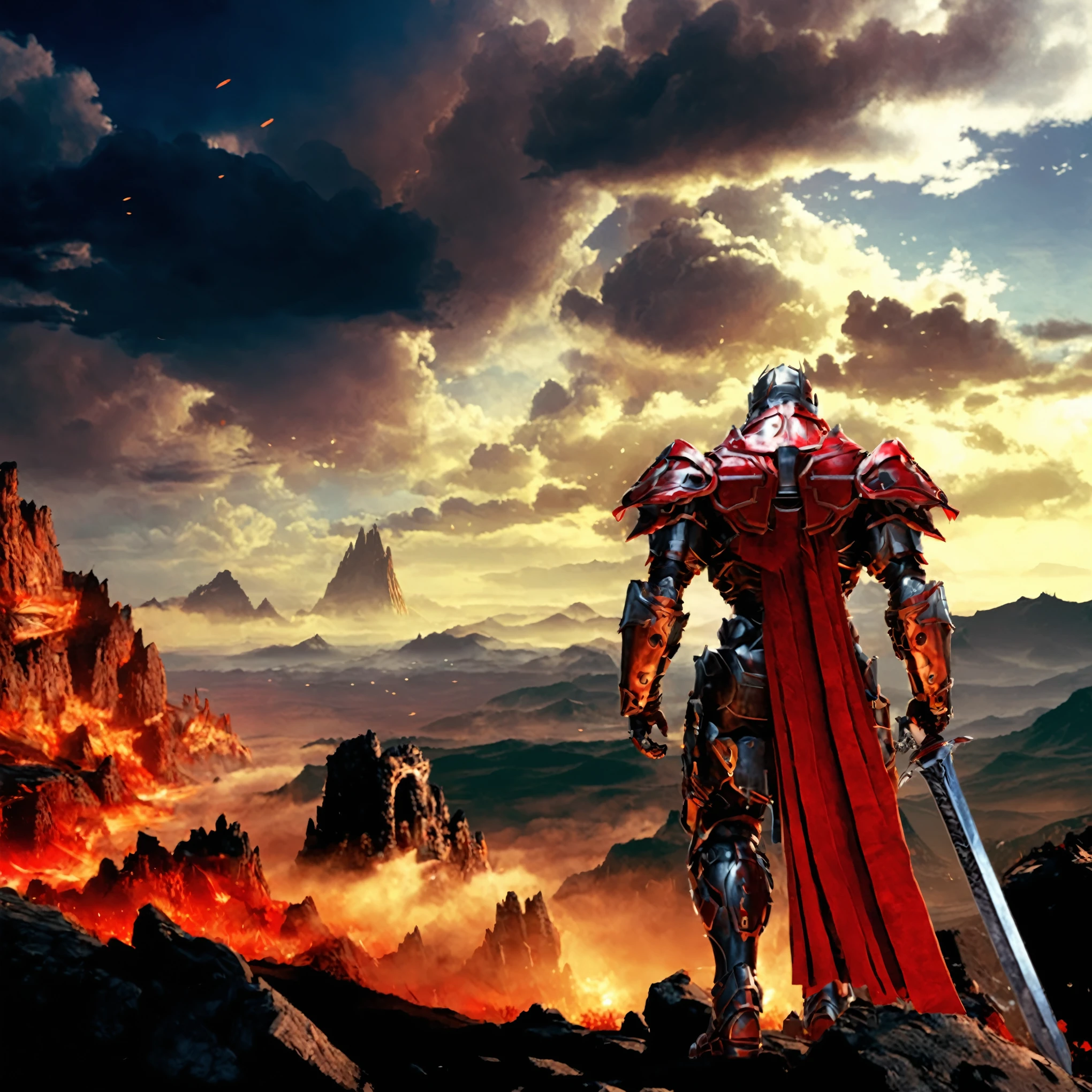 arafed knight standing on a mountain with a sword in his hand, fantasy art of doom slayer, unreal engine 4k wallpaper, knight armored in red, ares with heavy armor and sword, unreal engine fantasy art, darksiders art style, epic fantasy art style hd, doom slayer from doom eternal, strong fantasy knight, 8k hd wallpaperjpeg artifact