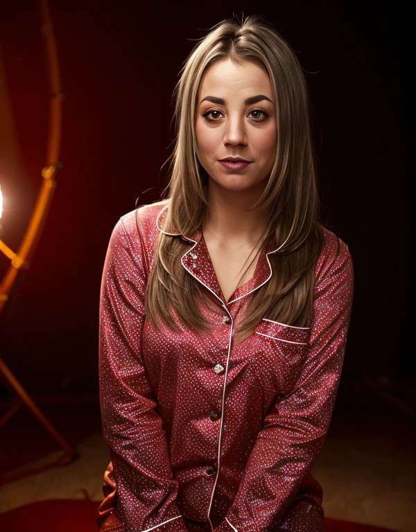 portrait of Kaley Cuoco, :d , in pajamas , with brown blunt haircut , background colosseum epic (Photo, studio lighting, hard light, sony a7, 50 mm, matte leather, pores, colors, hyperdetailed, hyperrealistic), 