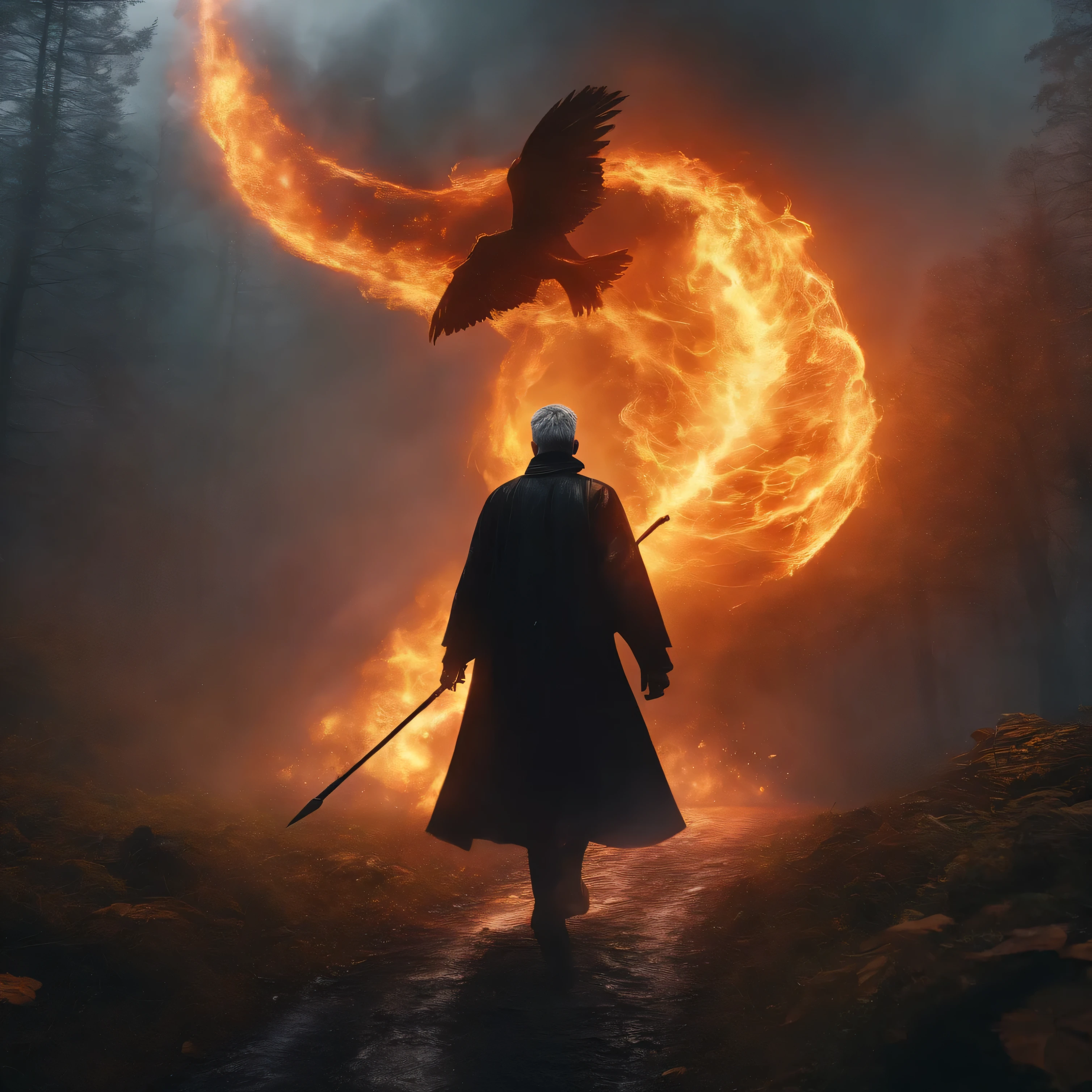 8k, a young male wizard with his mahic wand with black clothes with grey short hair from behind, throw fireball to a huge monster in Rainy forest from the hill