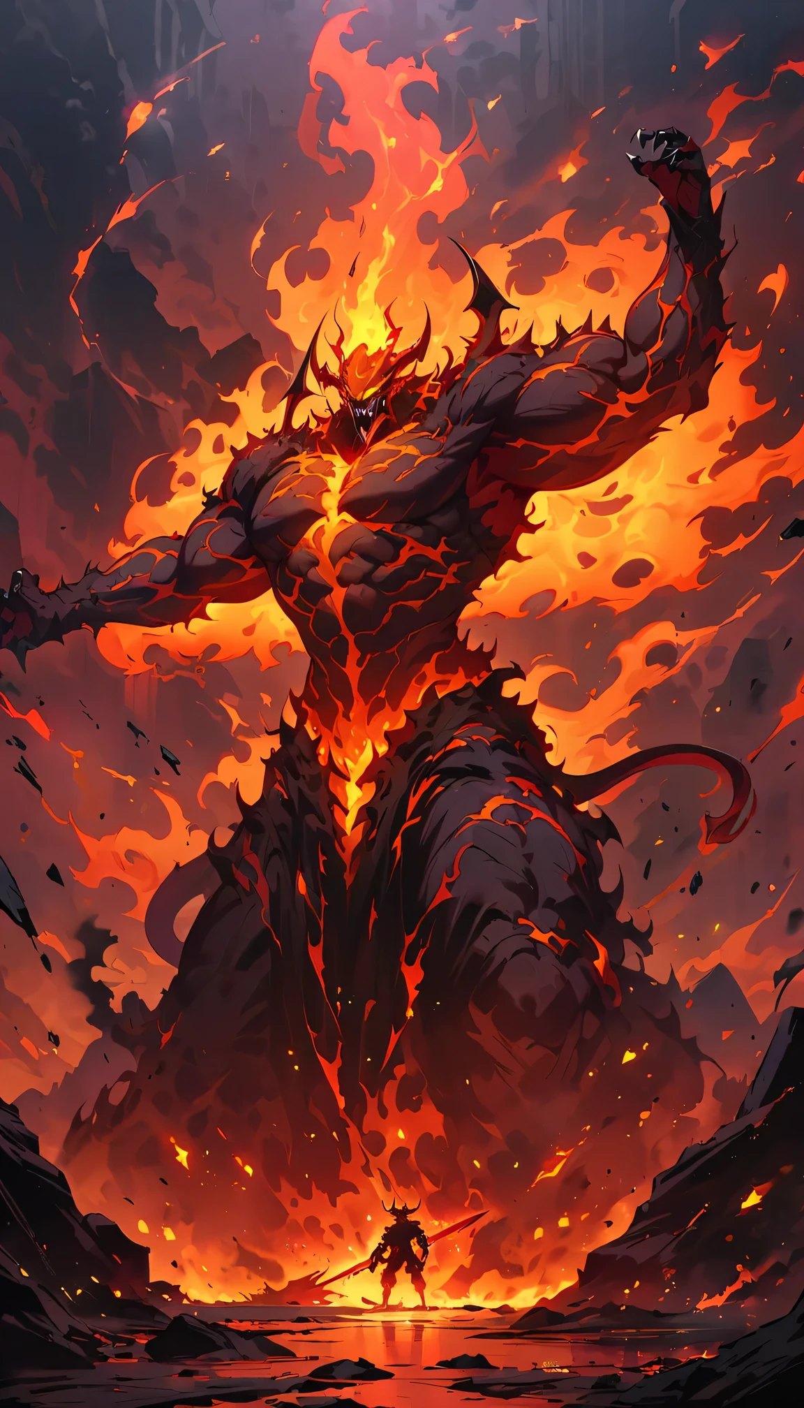 (best quality,4k,8k,highres,masterpiece:1.2),lava demon Cerberus,fiery red skin,glowing yellow eyes,giant muscular body,sharp fangs and claws,steaming lava flowing from its body,smoke billowing from its nostrils,spiky horns,demonic presence,ominous atmosphere,intense heat waves,Standing on blackened rugged volcanic landscape,cracks in the ground,fiery embers floating in the air,dark shadows dancing in the background,fierce and menacing stance,ferocious growls and snarls,burning flames engulfing its surroundings,dark red and orange color palette,harsh and dramatic lighting,emphasizing the ominous nature of the demon.