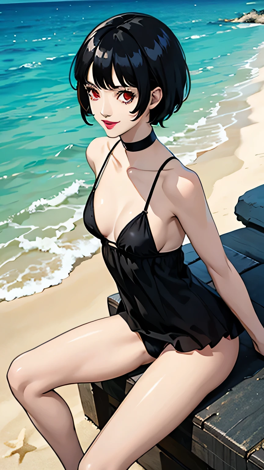 1 girl, red eyes, very Short hair, black choker, lipstick, half body, smile, black hair, small breast, bikini, beach background, behind, sit, ass in front