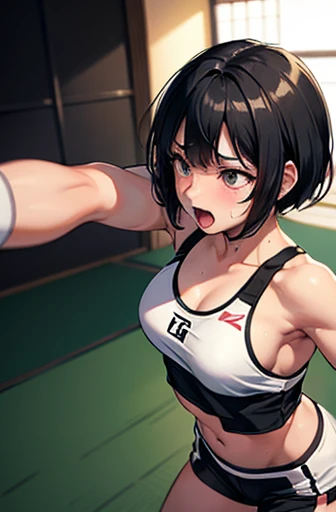 Cute Japanese high school girl with short cut black hair, on all fours, wide mouth, out of breath, drooling, very sweaty, out of stamina, slender body, poor breasts, small breasted sports bra, high leg shorts, open finger gloves during a match in a female mixed martial arts ring