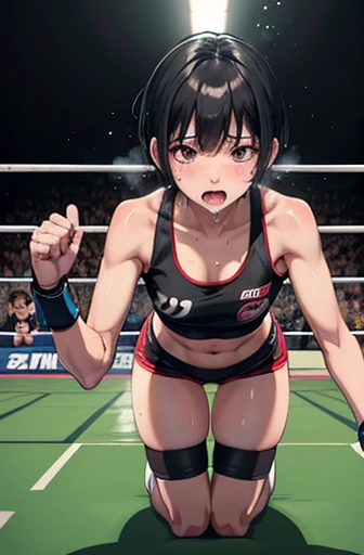 Cute Japanese high school girl with short cut black hair, on all fours, wide mouth, out of breath, drooling, very sweaty, out of stamina, slender body, poor breasts, small breasted sports bra, high leg shorts, open finger gloves during a match in a female mixed martial arts ring
