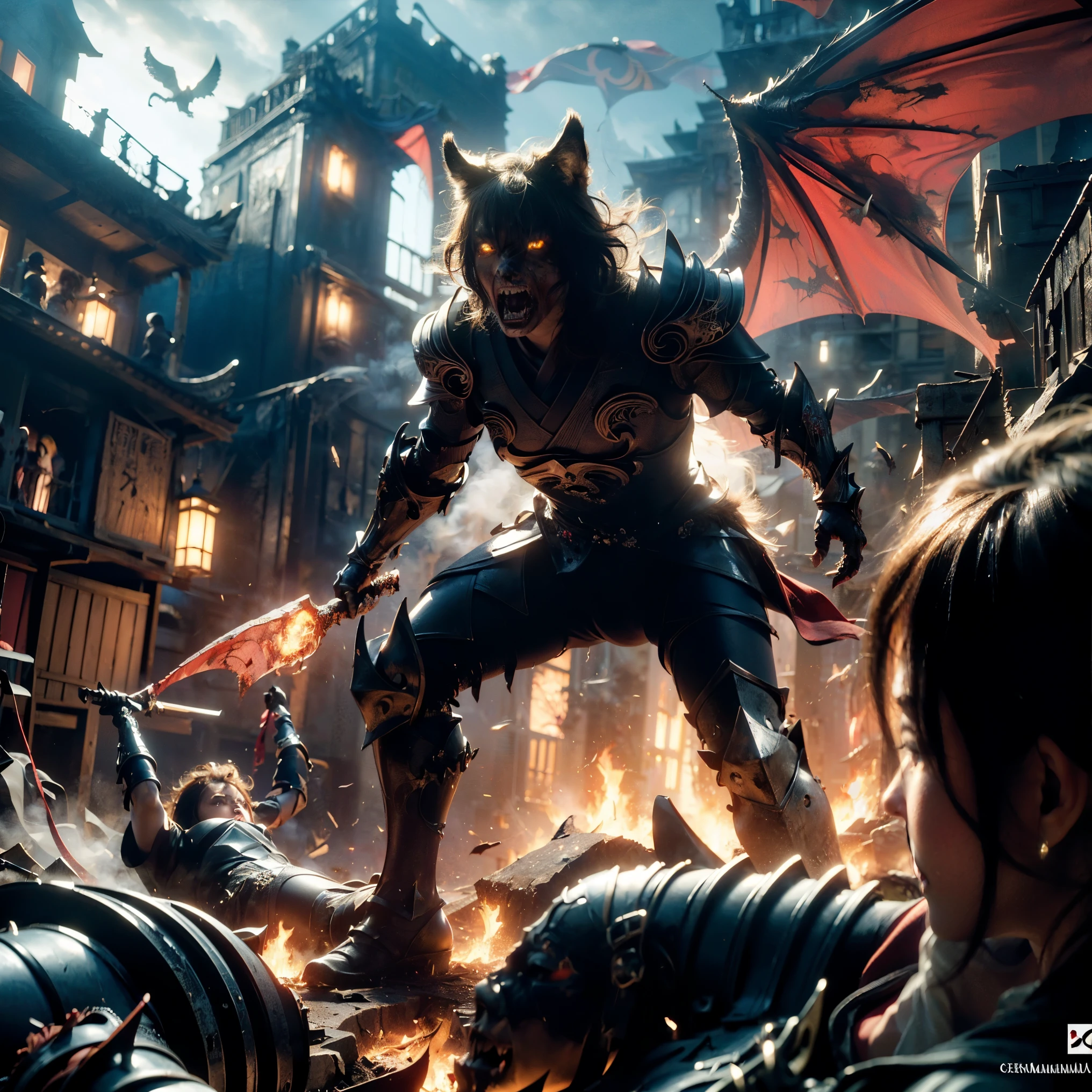 (((Realistic, masterpiece, best quality, crisp detail, high definition, high detail, very rich detail, sharp focus, sharp detail, colorful, rich color, perfect studio lightning))), ((20 years old, beautiful devil, kasumi arimura, evil gothic make up, flying, floating)),(((in the middle of war, epic war scene, attack stance))), wearing (((beautiful decorated black heavy armor, dark dragon armor, decorated full body armor, fully armored beautiful kimono, wide fire diabolos wings))), (flying, holding giant blade, blood scattered face, blood tears, blood bath, blood shed), (((fire everywhere, blood everywhere, death everywhere, japan bakumatsu period, dead bodies,carcass,burned japanese castle, cerberus, three headed wolves, were wolves, hellish,chaos, inferno)) traditional village background, dark atmosphere, bloody night)
