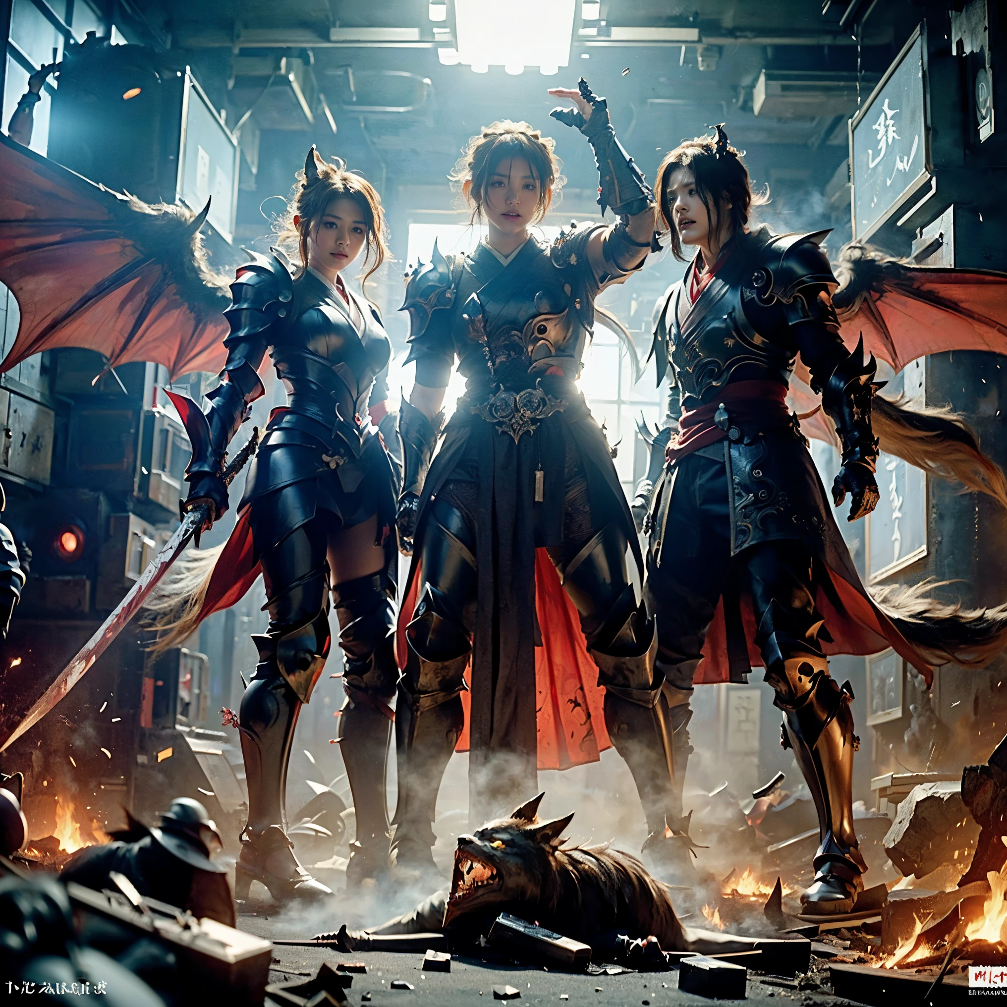 (((Realistic, masterpiece, best quality, crisp detail, high definition, high detail, very rich detail, sharp focus, sharp detail, colorful, rich color, perfect studio lightning))), ((20 years old, beautiful devil, kasumi arimura, evil gothic make up, flying, floating)),(((in the middle of war, epic war scene, attack stance))), wearing (((beautiful decorated black heavy armor, dark dragon armor, decorated full body armor, fully armored beautiful kimono, wide fire diabolos wings))), (flying, holding giant blade, blood scattered face, blood tears, blood bath, blood shed), (((fire everywhere, blood everywhere, death everywhere, japan bakumatsu period, dead bodies,carcass,burned japanese castle, cerberus, three headed wolves, were wolves, hellish,chaos, inferno)) traditional village background, dark atmosphere, bloody night)