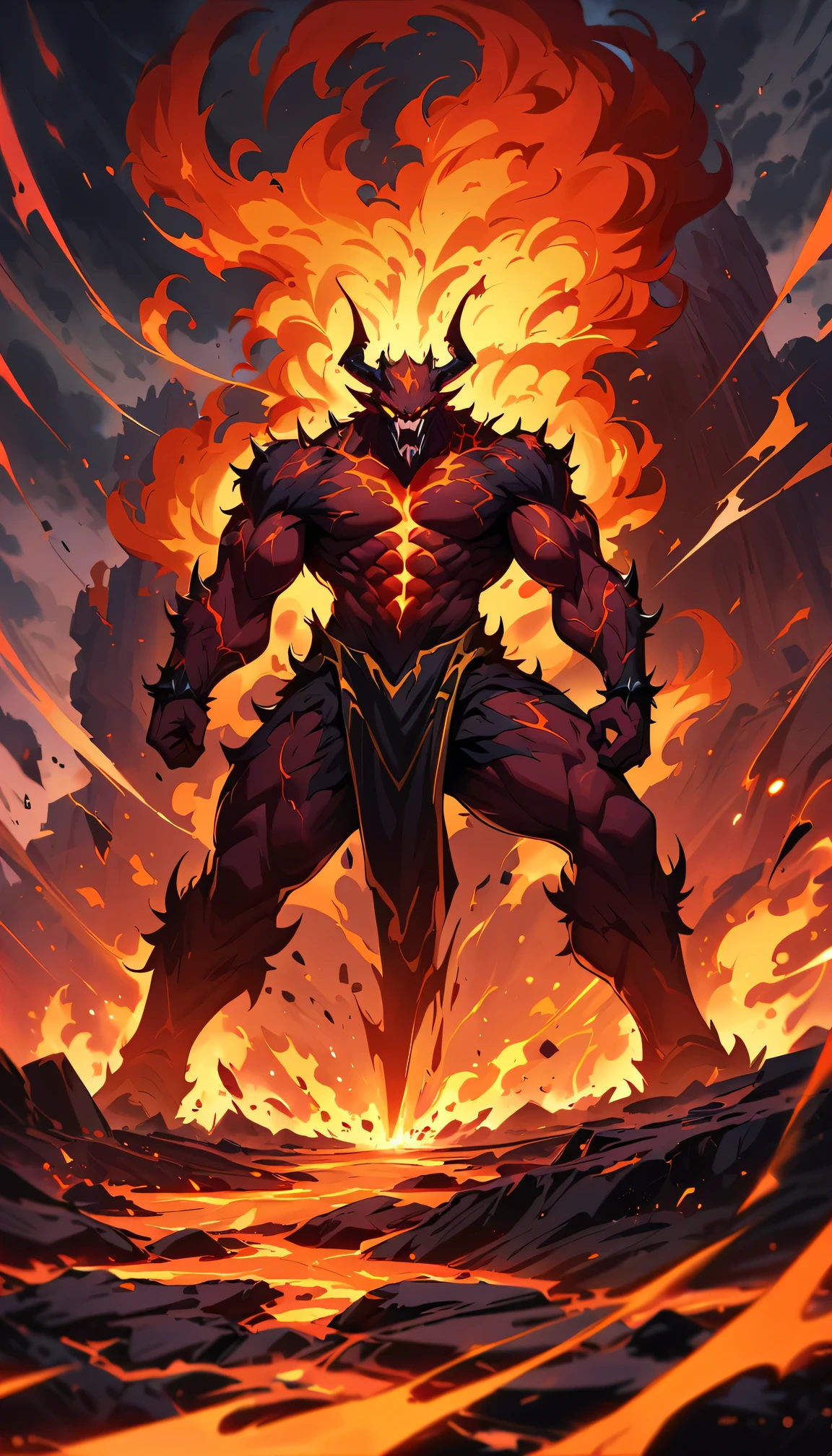 (best quality,4k,8k,highres,masterpiece:1.2),lava demon Cerberus,fiery red skin,glowing yellow eyes,giant muscular body,sharp fangs and claws,steaming lava flowing from its body,smoke billowing from its nostrils,spiky horns,demonic presence,ominous atmosphere,intense heat waves,Standing on blackened rugged volcanic landscape,cracks in the ground,fiery embers floating in the air,dark shadows dancing in the background,fierce and menacing stance,ferocious growls and snarls,burning flames engulfing its surroundings,dark red and orange color palette,harsh and dramatic lighting,emphasizing the ominous nature of the demon.