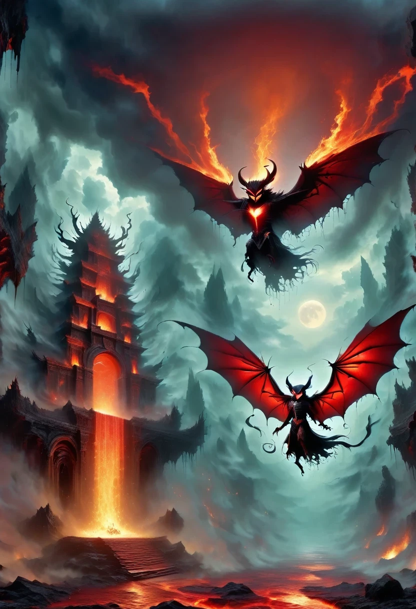 Lava Hell,Dark Lava Overlord,Nether lava mobs,masterpiece:1.2,Super detailed,Gothic art,Gloomy atmosphere,Ominous red and black color scheme,Majestic throne,flying bats,Mark of the Lava Demon,Beautiful forest,crimson fire,Ominous eyes pierce the darkness,Stealth figures,ethereal mist,Ominous spell,Skeleton Legion,Hot sulfur,ruthless minions,Summoning Portal,Fascinating Spellbook,Supernatural creatures emerging from the shadows,Ominous moonshine,The cracked earth reveals a fiery abyss,Hellish building,enchanted weapons,Scarred face,Blood red breath,The witch's cauldron.