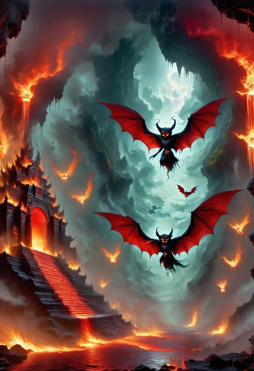 Lava Hell,Dark Lava Overlord,Nether lava mobs,masterpiece:1.2,Super detailed,Gothic art,Gloomy atmosphere,Ominous red and black color scheme,Majestic throne,flying bats,Mark of the Lava Demon,Beautiful forest,crimson fire,Ominous eyes pierce the darkness,Stealth figures,ethereal mist,Ominous spell,Skeleton Legion,Hot sulfur,ruthless minions,Summoning Portal,Fascinating Spellbook,Supernatural creatures emerging from the shadows,Ominous moonshine,The cracked earth reveals a fiery abyss,Hellish building,enchanted weapons,Scarred face,Blood red breath,The witch's cauldron.