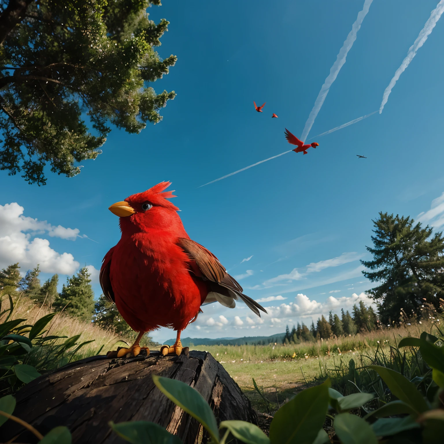 A bird similar to the Angry Birds red bird looks like in a cartoon, against the background of the forest and the sky