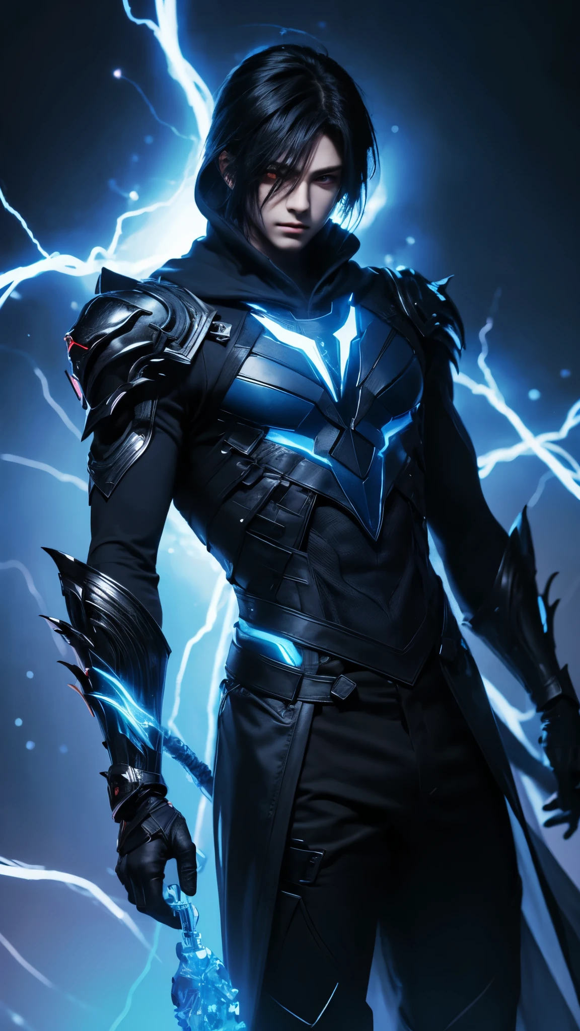 male character, with hood, final fantasy, blue neon, mask, black hair, black lightning, different portions, dark, red eyes, full shoulders
