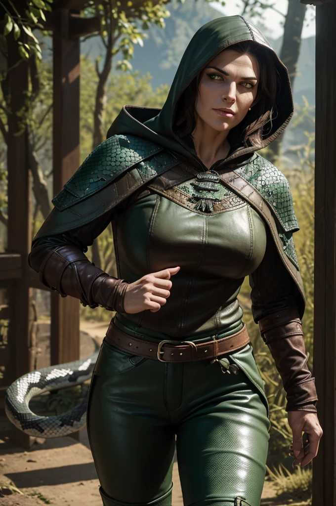 1woman, mature woman, witcher (6'4" tall with a colossal and muscular physique,s short and dark brown hair), (Wears a heavy dark brown leather jerkin over a chainmail shirt, Her trousers are made of dark brown leather, wears sturdy knee-high leather boots and a hooded cloak,) (realistic, 8k, highly detailed, raw, photorealistic,) twohanded sword on back, close up photo of eyes:1.1, bokeh, ((Snake eyes slitted pupils and vibrant green sclera:1.2)), horizontal pupils, unnatural eyes, (female witcher:1.2)