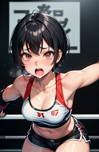 Cute Japanese high school girl with short cut black hair, on all fours, wide mouth, out of breath, drooling, very sweaty, out of stamina, slender body, poor breasts, small breasted sports bra, high leg shorts, open finger gloves during a match in a female mixed martial arts ring