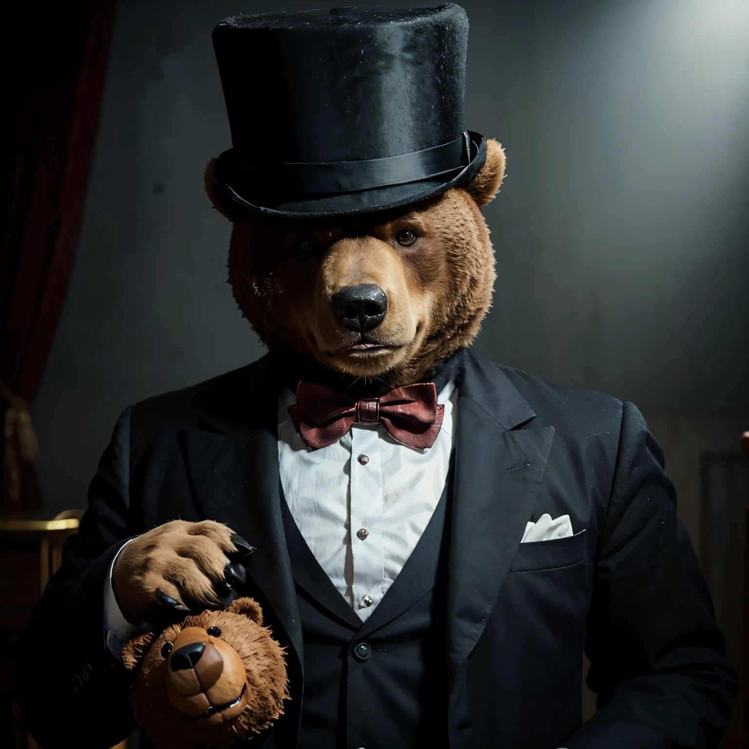 A bear named freddy,an animatronic,has a top hat and a bowtie