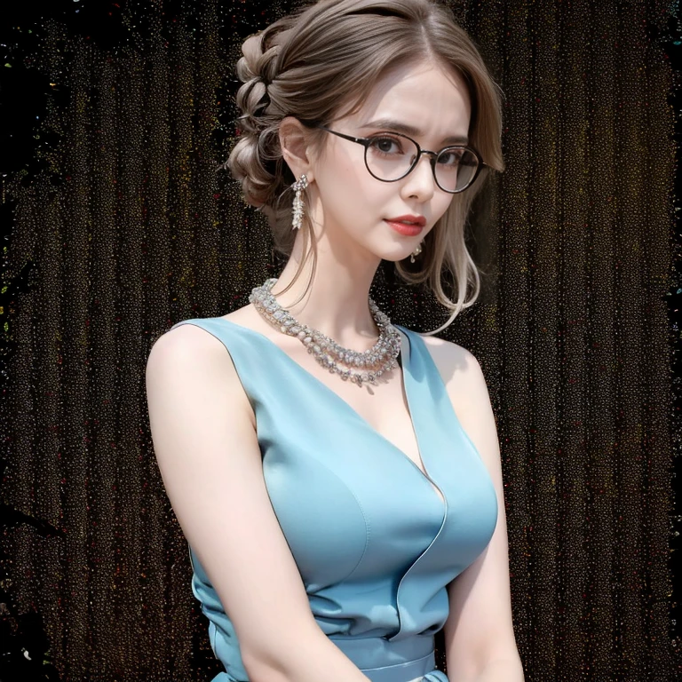 (masterpiece, highest quality, highest quality), (((Perfect body))),Ragged hair,Middle Hair,Chignon Hair,Light blue hair color,Pale black jumpsuit,beautifully,Mysterious:1.2, (One Girl:1.3), Very detailed, Mature Woman,A kind smile,Boston-type glasses, (Mouth closed), (highest qualityのmasterpiece:1.2) Delicate illustrations, Most detailed,Upper body portrait, (Street background:1.3), (Shiny skin), (Many colors:1.4), ,(Earrings),((necklace)), Elegant Pumps,Full body portrait,(Paris city background:1.3), (Shiny skin),(Earrings),